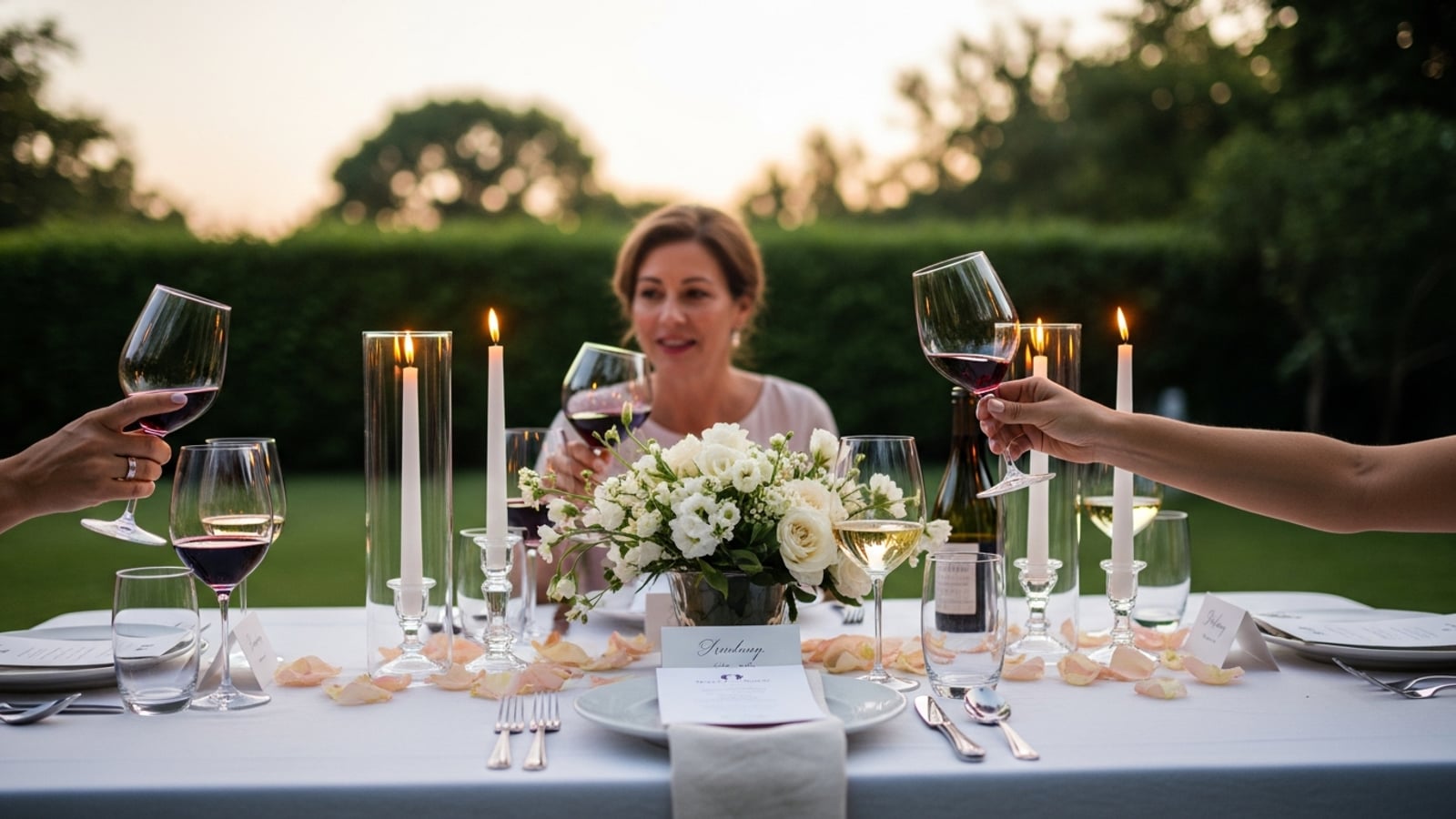 An elegant outdoor dinner party table set for adults at dusk, with candles, wine glasses, and floral centerpieces