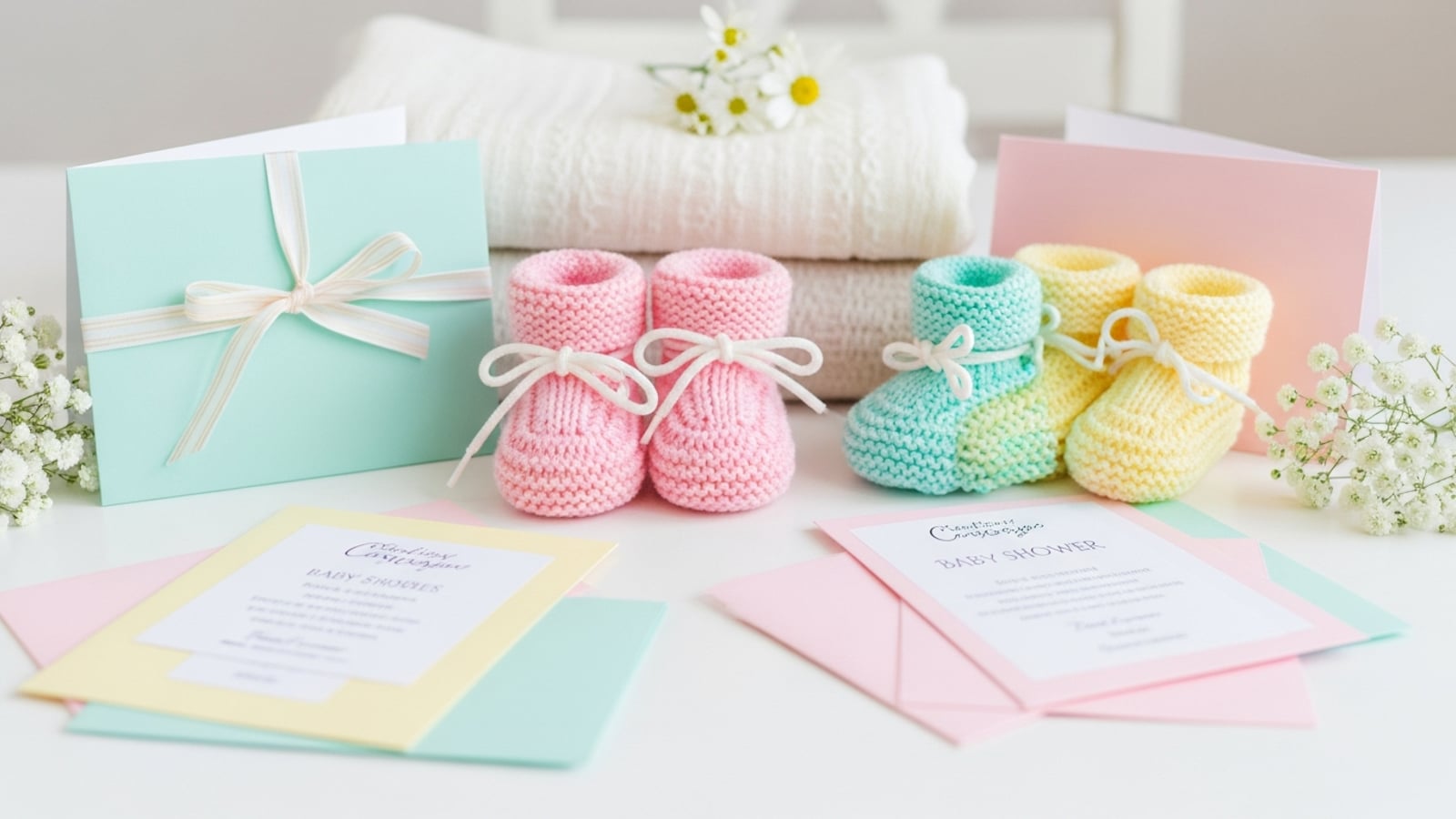 Pastel baby shower invitation cards arranged with tiny knitted booties, a soft blanket, and delicate flowers on a white table in gentle light