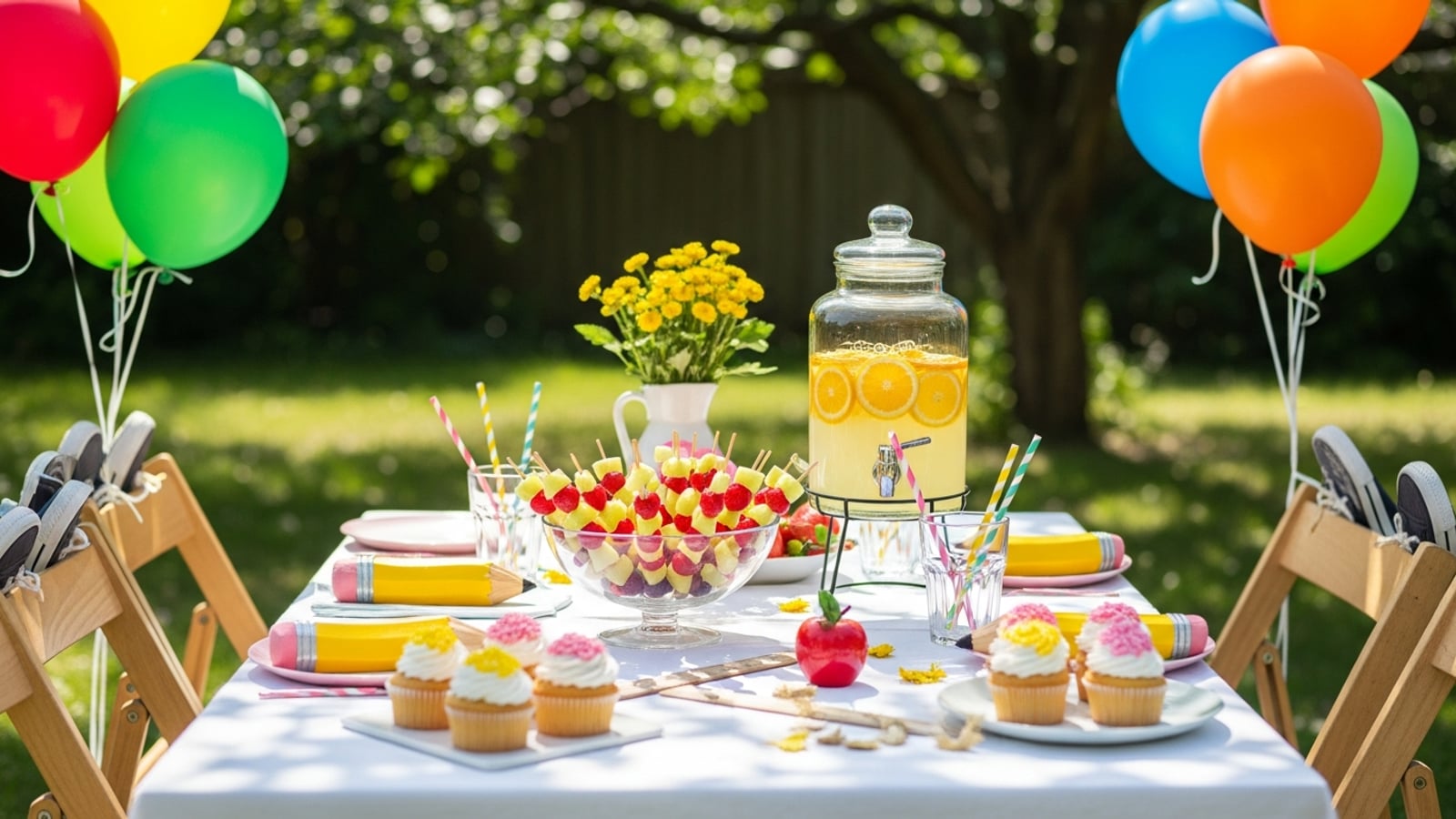 A colorful backyard party table set for a kids' back-to-school celebration, with pencil-themed cupcakes, fruit skewers, lemonade, and bright balloons tied to chairs on a sunny summer afternoon