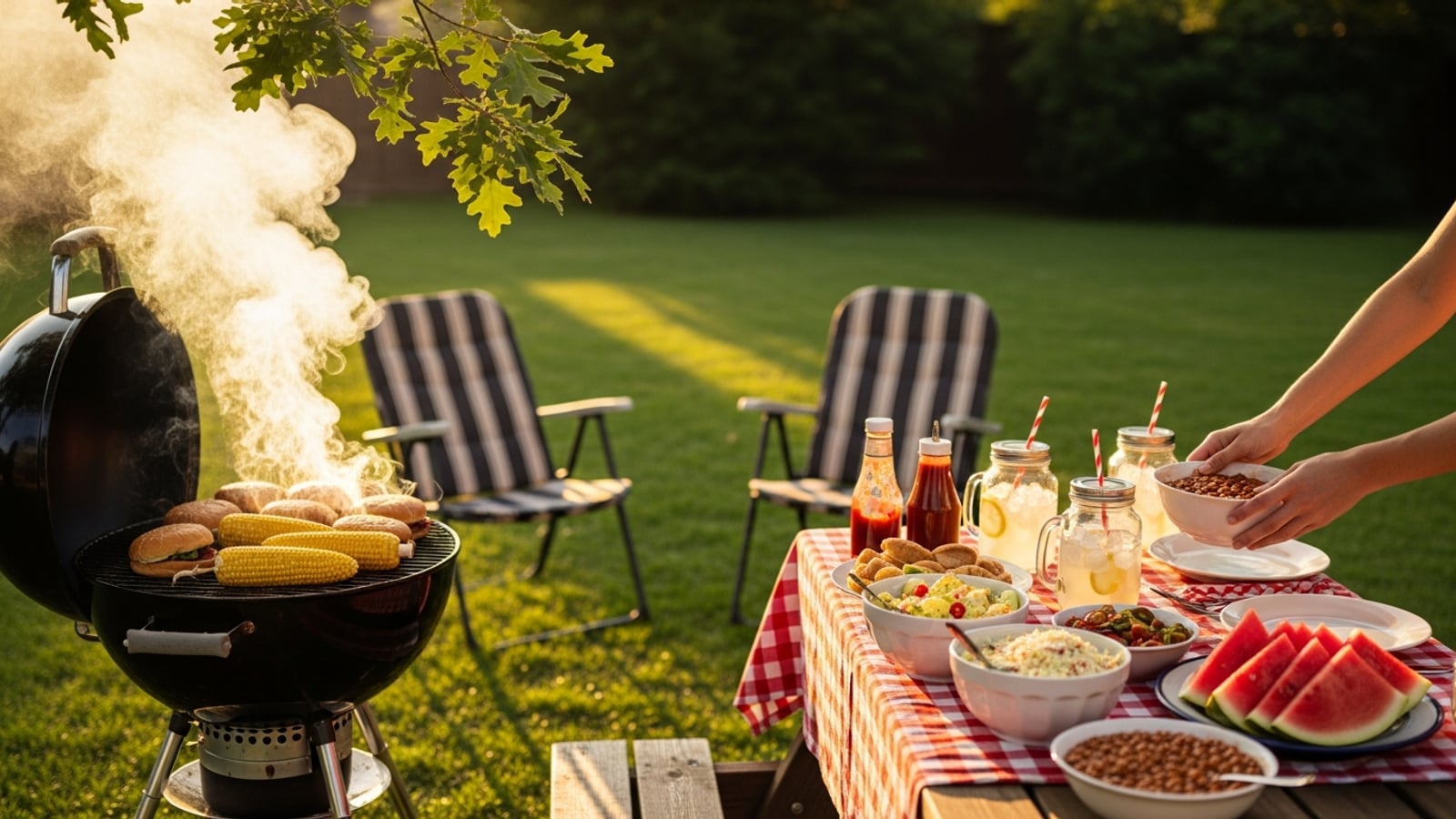 A backyard BBQ table set for a summer cookout with burgers and hot dogs on the grill, colorful side dishes in bowls, and string lights overhead at golden hour