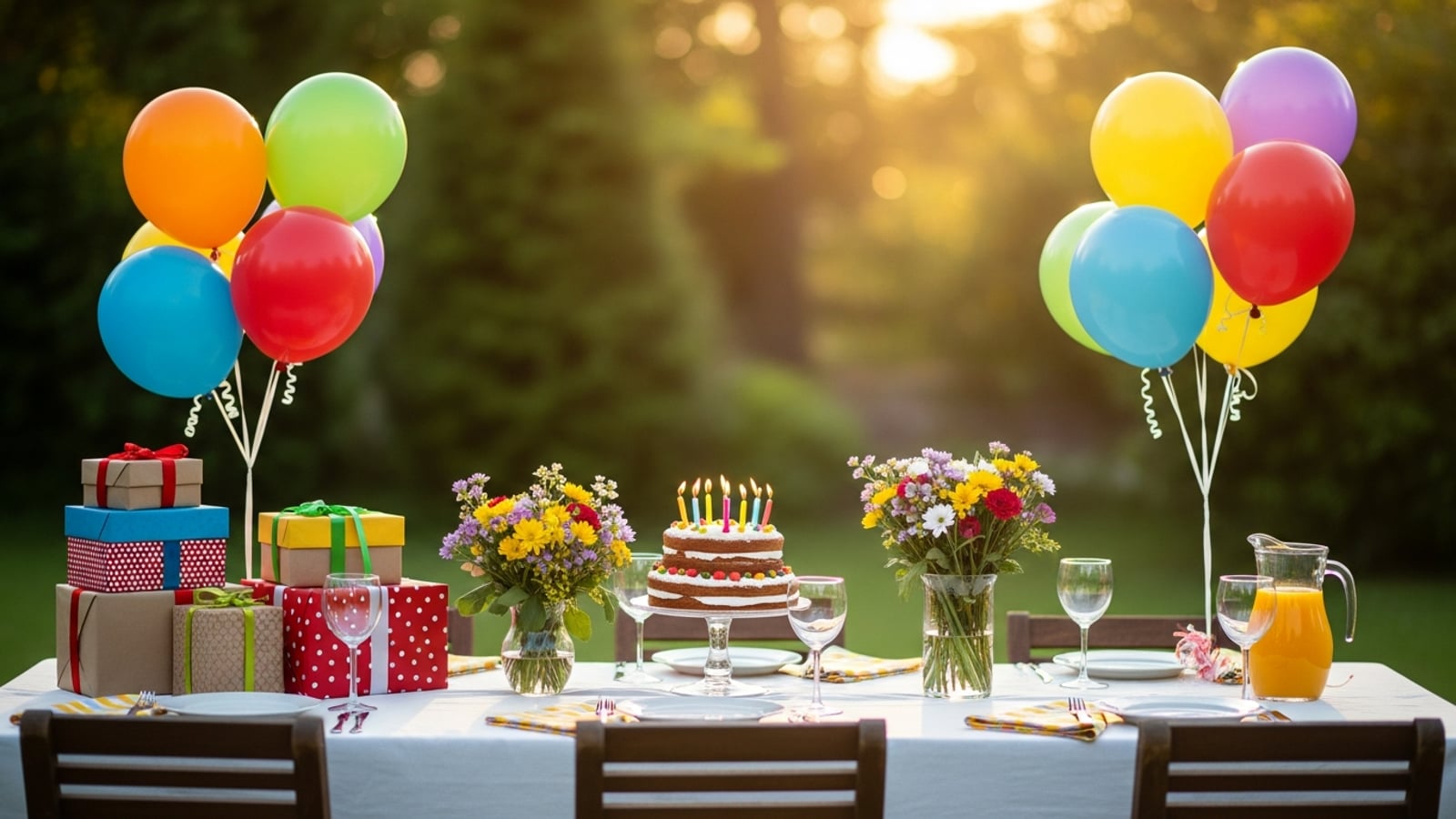 An outdoor birthday party table set for celebration with a tiered cake, balloons, wrapped gifts, flower arrangements, and wine glasses in warm golden afternoon light