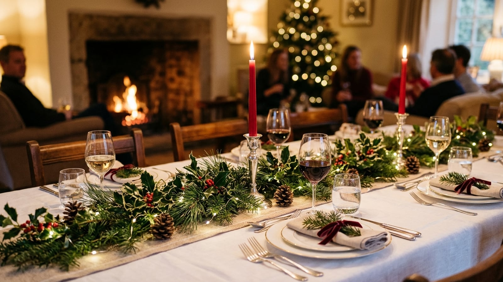 A formal Christmas dinner table set with white linen, red taper candles, pine branch centerpieces, polished silver cutlery, and crystal glasses catching warm candlelight