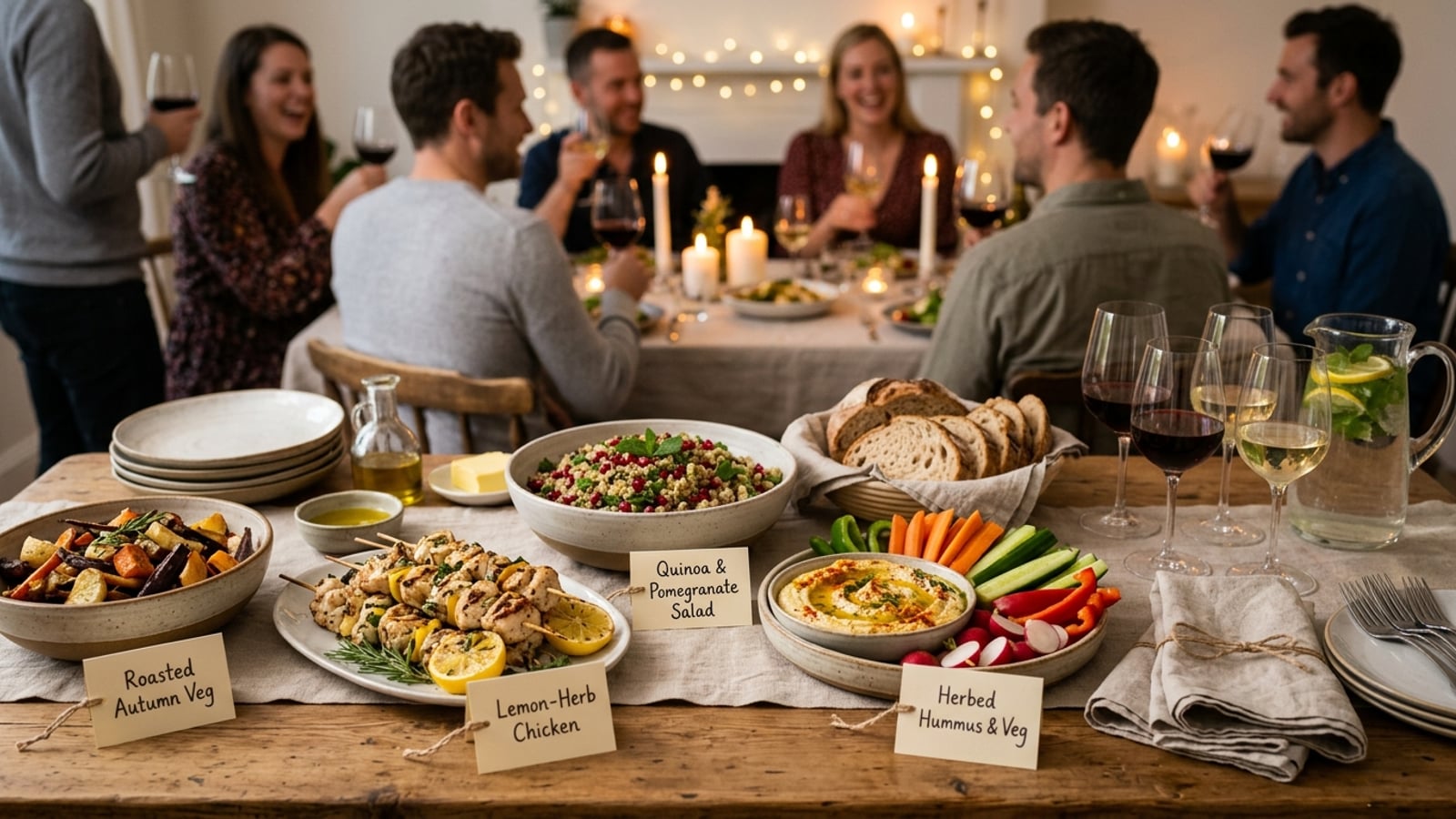 A buffet table at a casual home party with small labeled tent cards in front of each dish, mixed platters of vegetables, grains, and proteins under warm indoor lighting