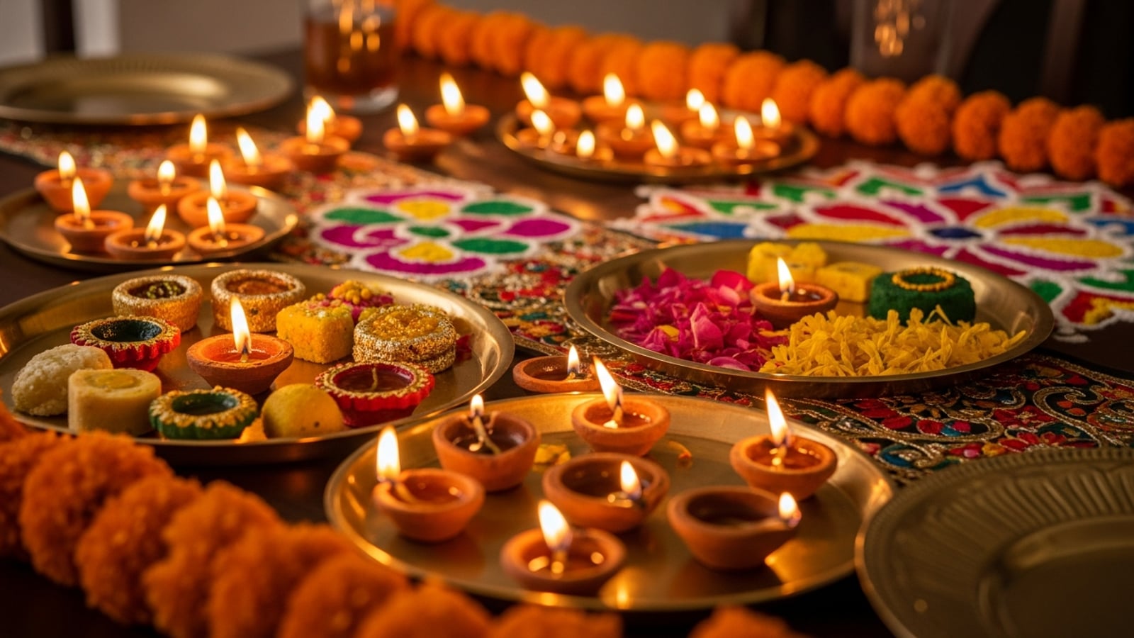 A festive dinner table glowing with dozens of small clay diyas, brass thali plates with sweets, and marigold garlands