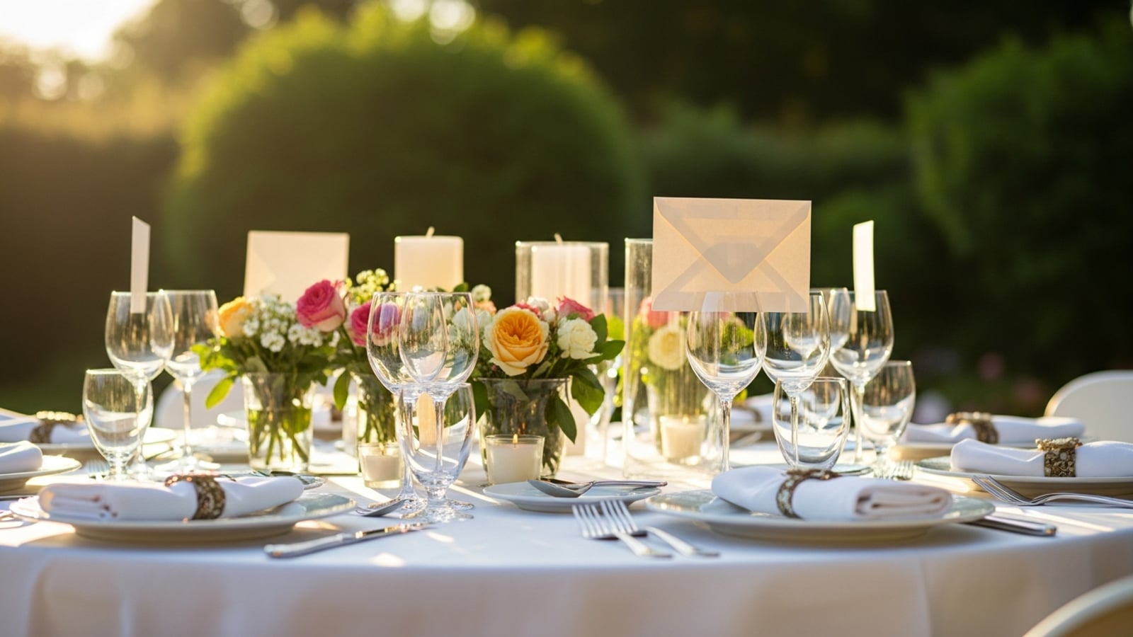 An elegantly set round table on a garden terrace before an evening dinner party, with white linens, floral centerpieces, and crystal glasses catching warm afternoon light