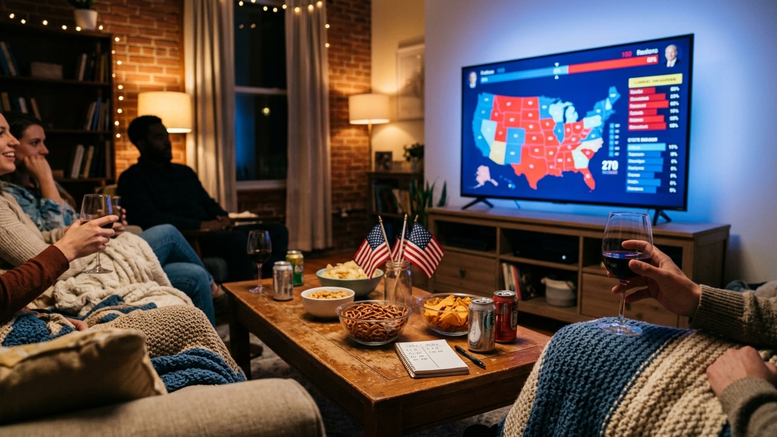 A living room set up for an election night watch party, with a TV showing a colorful electoral map, snack bowls and wine glasses on a coffee table, and small American flag decorations