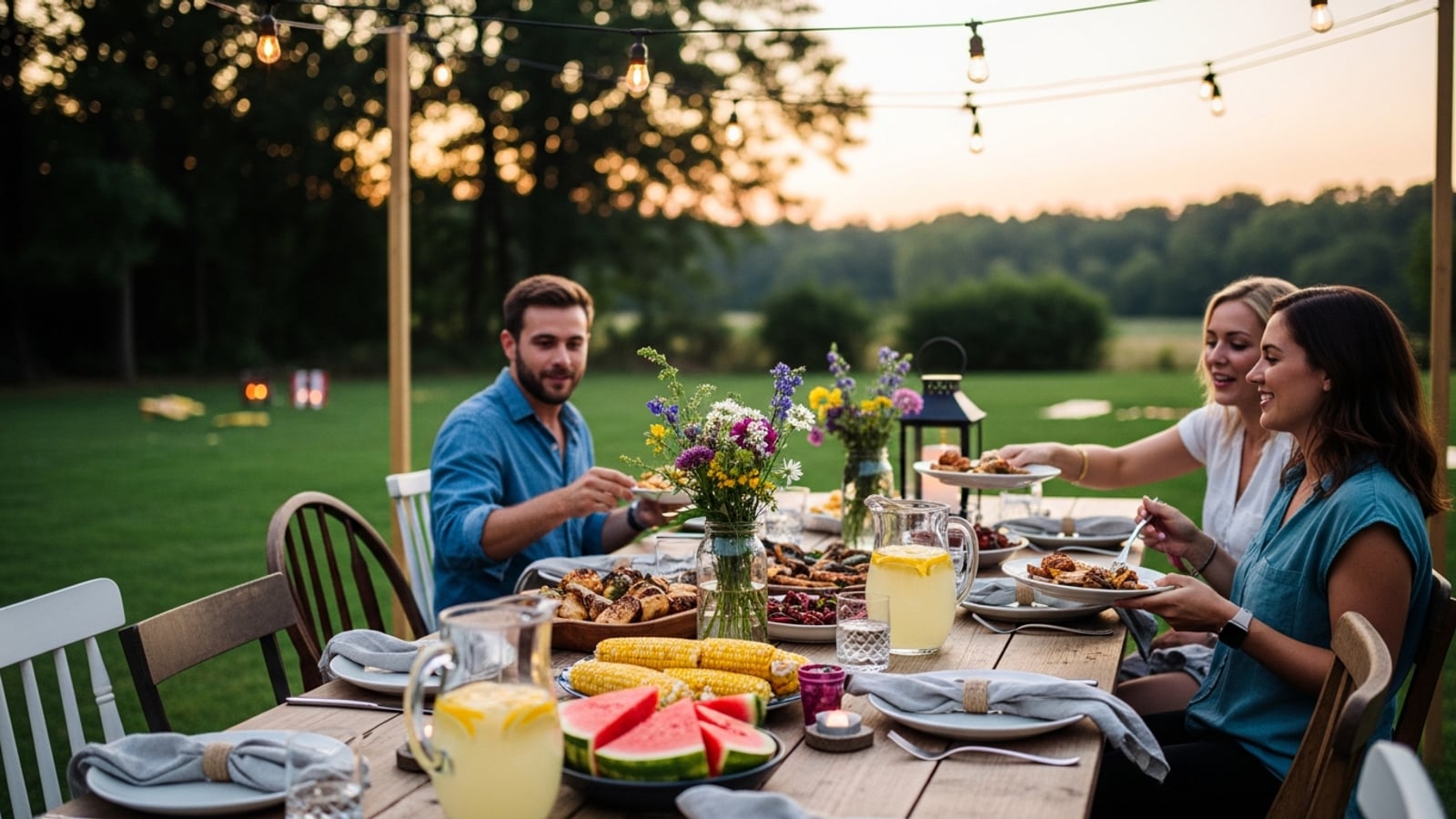 A backyard dinner party at dusk in late summer, with string lights overhead, a wooden table set with plates of grilled food and pitchers of lemonade, and guests mingling on a grass lawn with lanterns glowing
