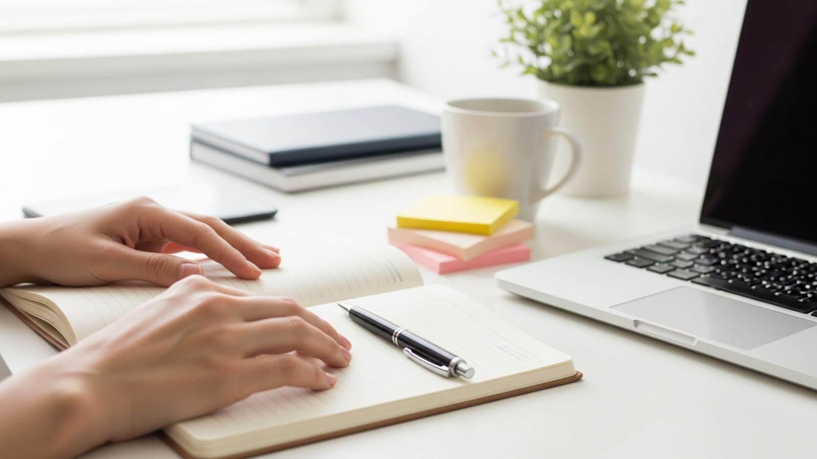 An open notebook and pen beside a laptop, a coffee mug, and colorful sticky notes on a tidy desk in bright daylight