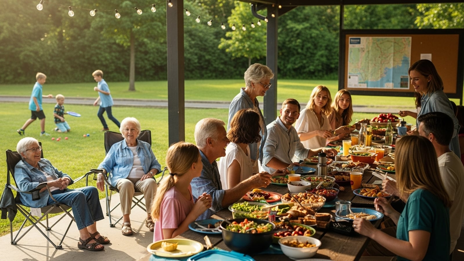 A large extended family gathered around picnic tables at an outdoor park reunion, with string lights, food spread, and multiple generations talking and laughing