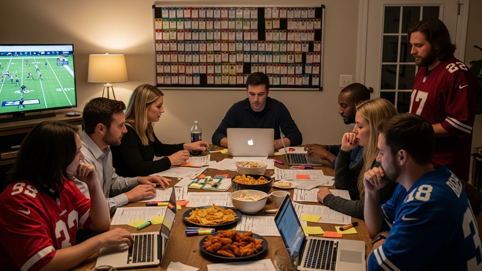 A living room draft party setup with a large magnetic player draft board on the wall, people seated around a table with laptops and cheat sheets, bowls of nachos and wings on a side table, and a flat-screen TV showing NFL highlights