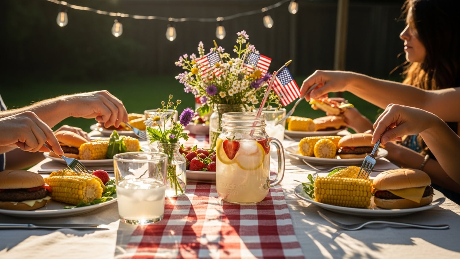A sunlit backyard cookout table with red-and-white checkered cloth, plates of grilled corn, a mason jar of lemonade with berries, and small American flags in a centerpiece