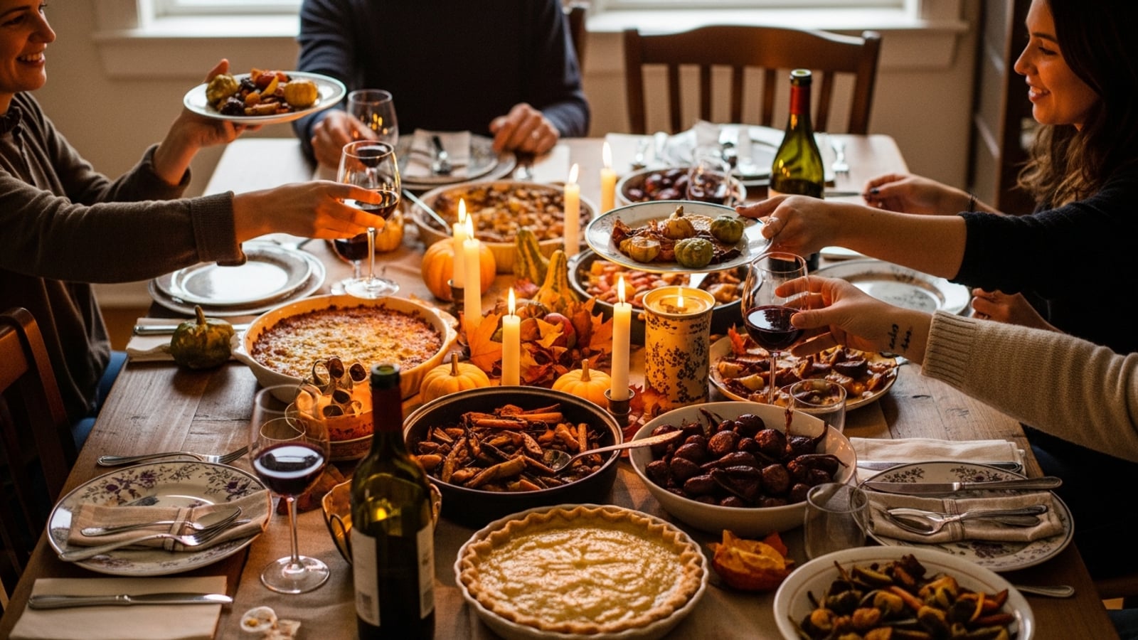 A warmly lit Friendsgiving dining table with autumn centerpieces, mismatched chairs, potluck dishes, and wine glasses raised among friends