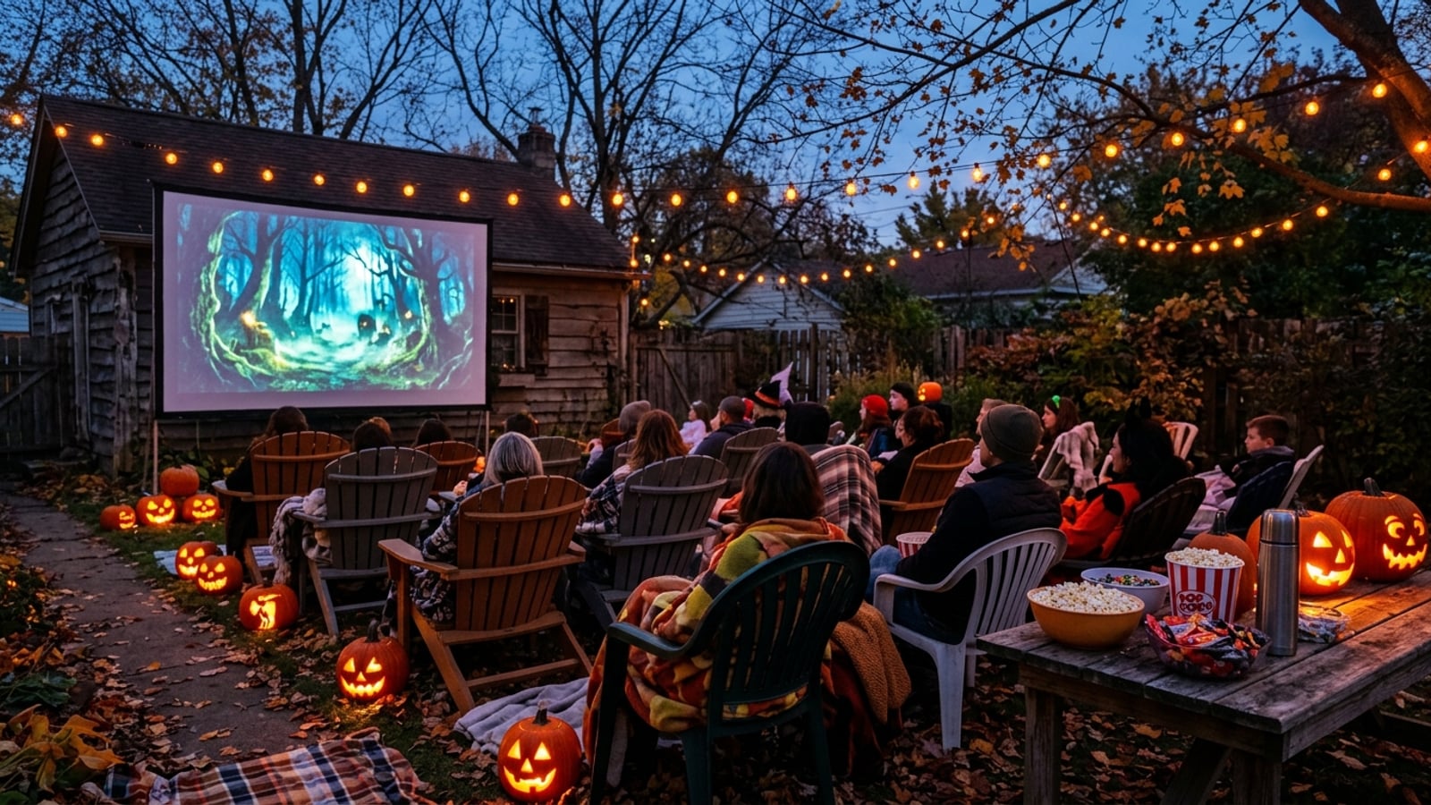 Backyard Halloween movie night setup with a glowing projector screen, orange string lights, and blanket-covered lawn chairs surrounded by pumpkins at dusk