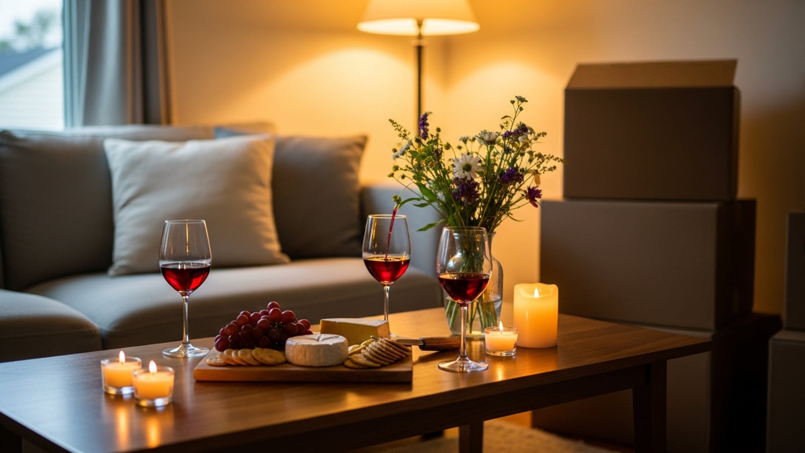 A warmly lit living room set up for a housewarming party, with a wooden table holding wine glasses, a cheese board, fresh flowers, and small candles, surrounded by cozy furniture and boxes partially unpacked in the background