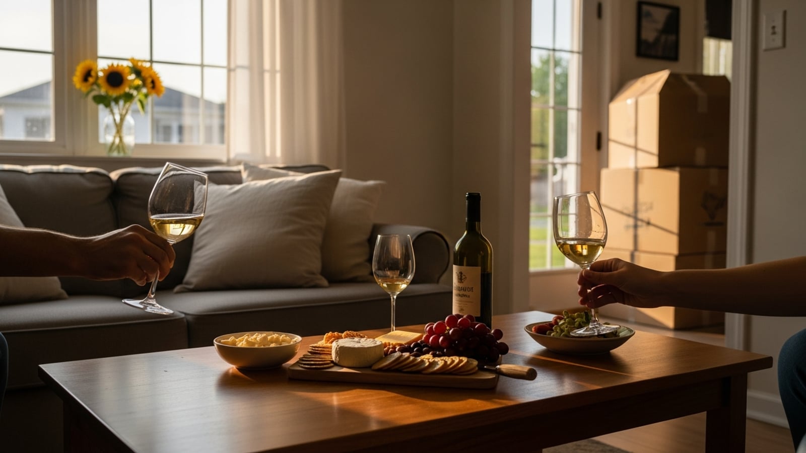 A housewarming party spread on a wooden coffee table with a cheese board, wine glasses, and fresh sunflowers in a vase by a sunlit window