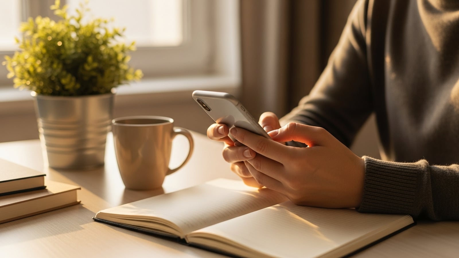 Hands holding a smartphone at a cozy desk with a potted plant, an open notebook, and a coffee mug in warm afternoon light