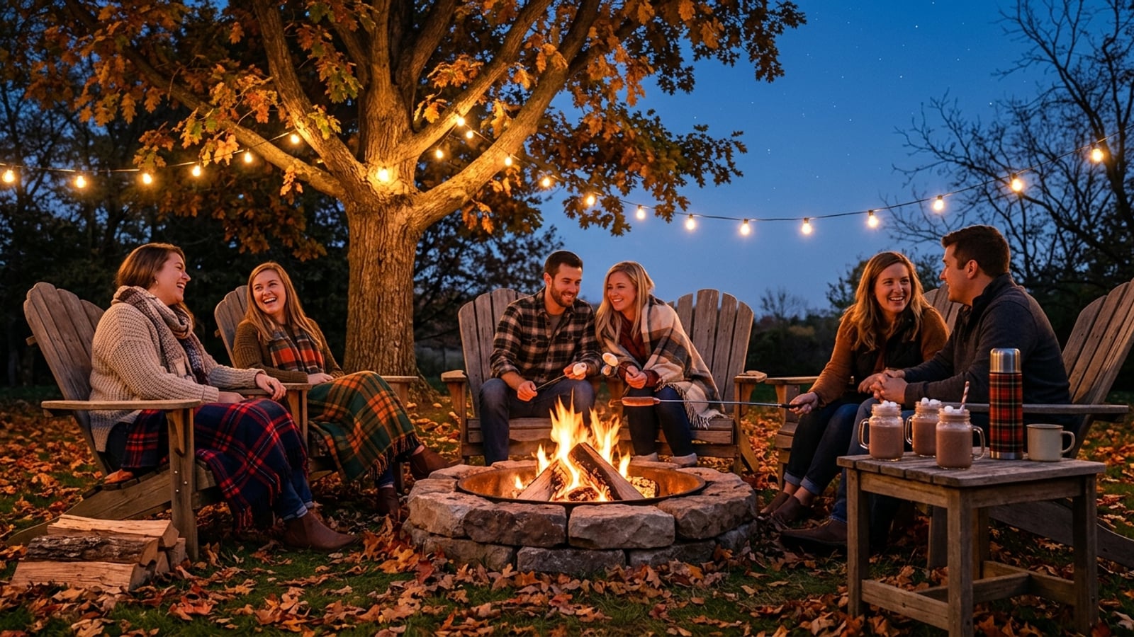 A backyard bonfire at dusk with glowing orange flames in a stone fire ring, surrounded by Adirondack chairs with blankets, mason jars of hot cocoa on a wooden side table, and string lights in the trees above