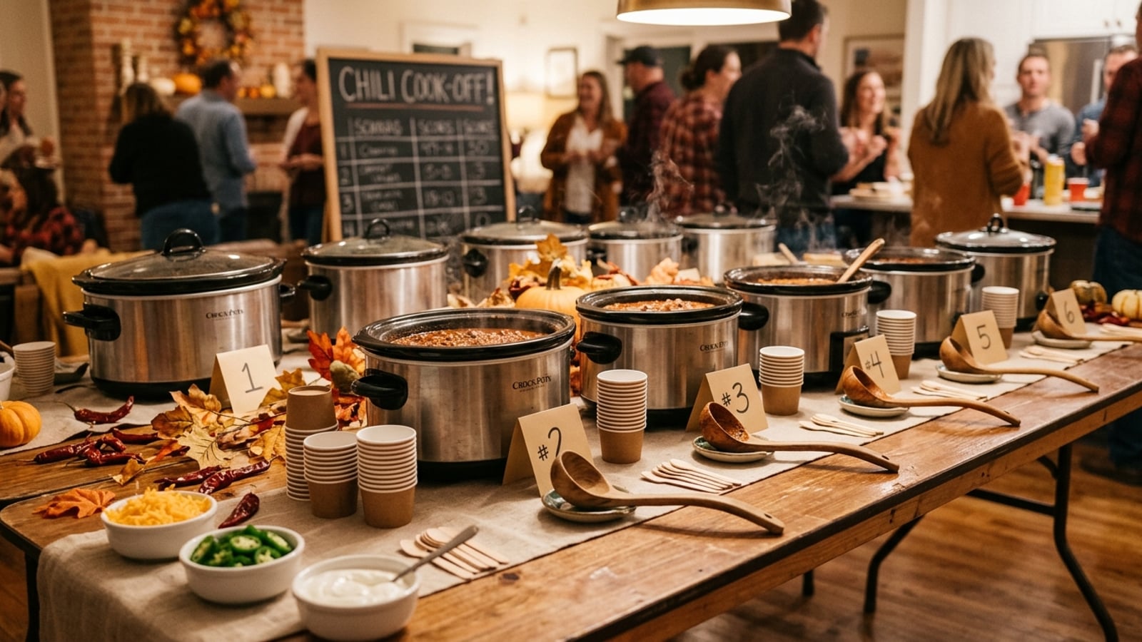A long table with six slow cookers numbered for a chili cook-off, surrounded by small tasting cups, wooden ladles, and bowls of toppings including shredded cheese and sliced jalapeños, in warm amber indoor lighting