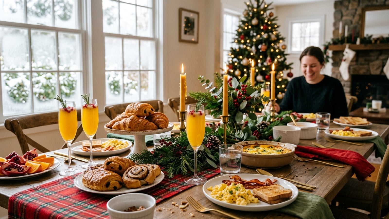 A festive Christmas brunch table set with mimosa flutes, a tiered pastry stand, evergreen sprigs, and holiday candles in warm morning light
