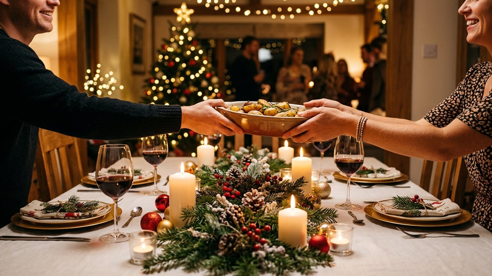 A warmly lit holiday dining table set for a Christmas party, with candles, evergreen garland, gold ornaments, and wine glasses, string lights glowing softly in the background