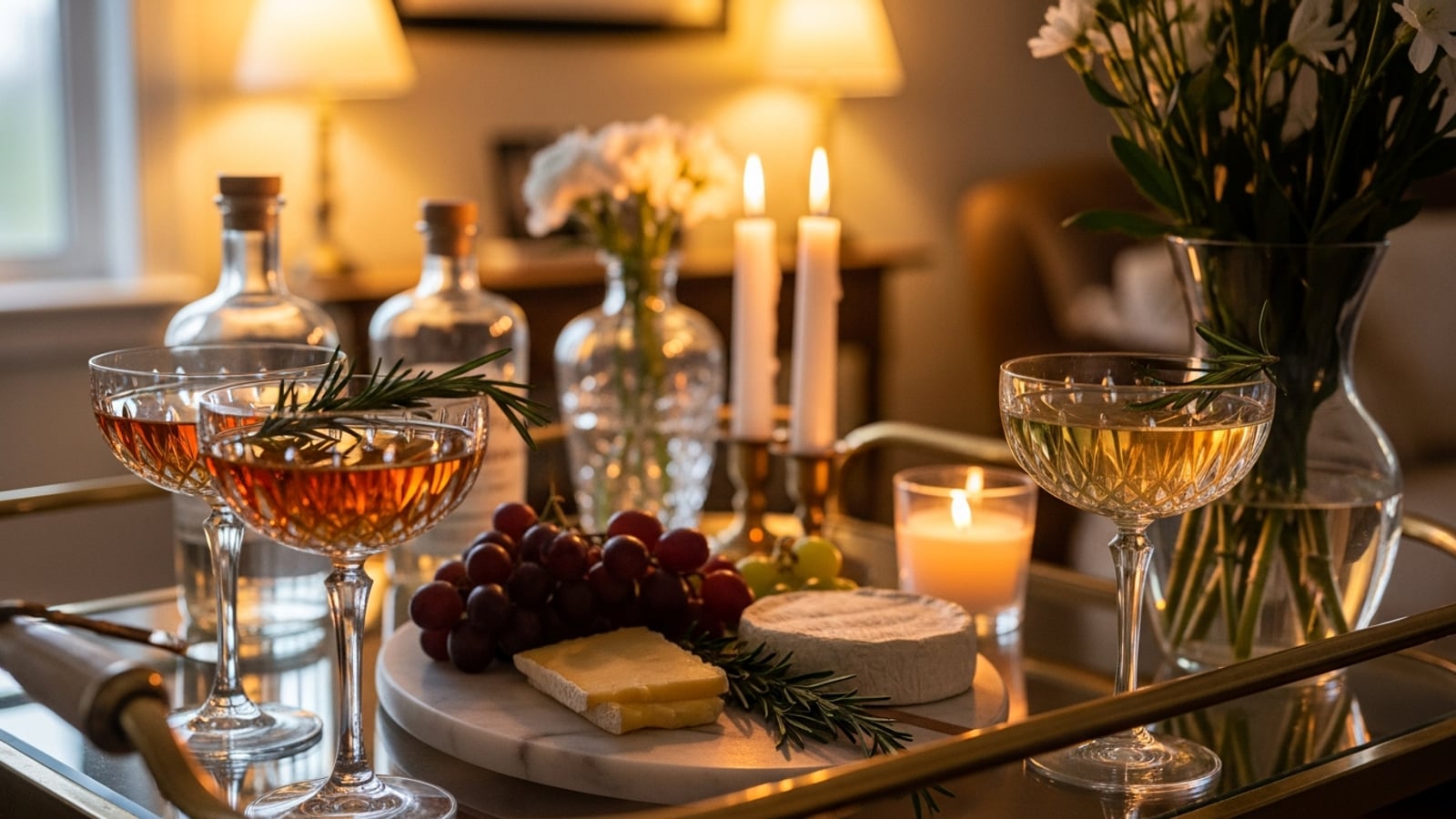 A bar cart with coupe cocktail glasses, a charcuterie board, and fresh flowers at a home cocktail party