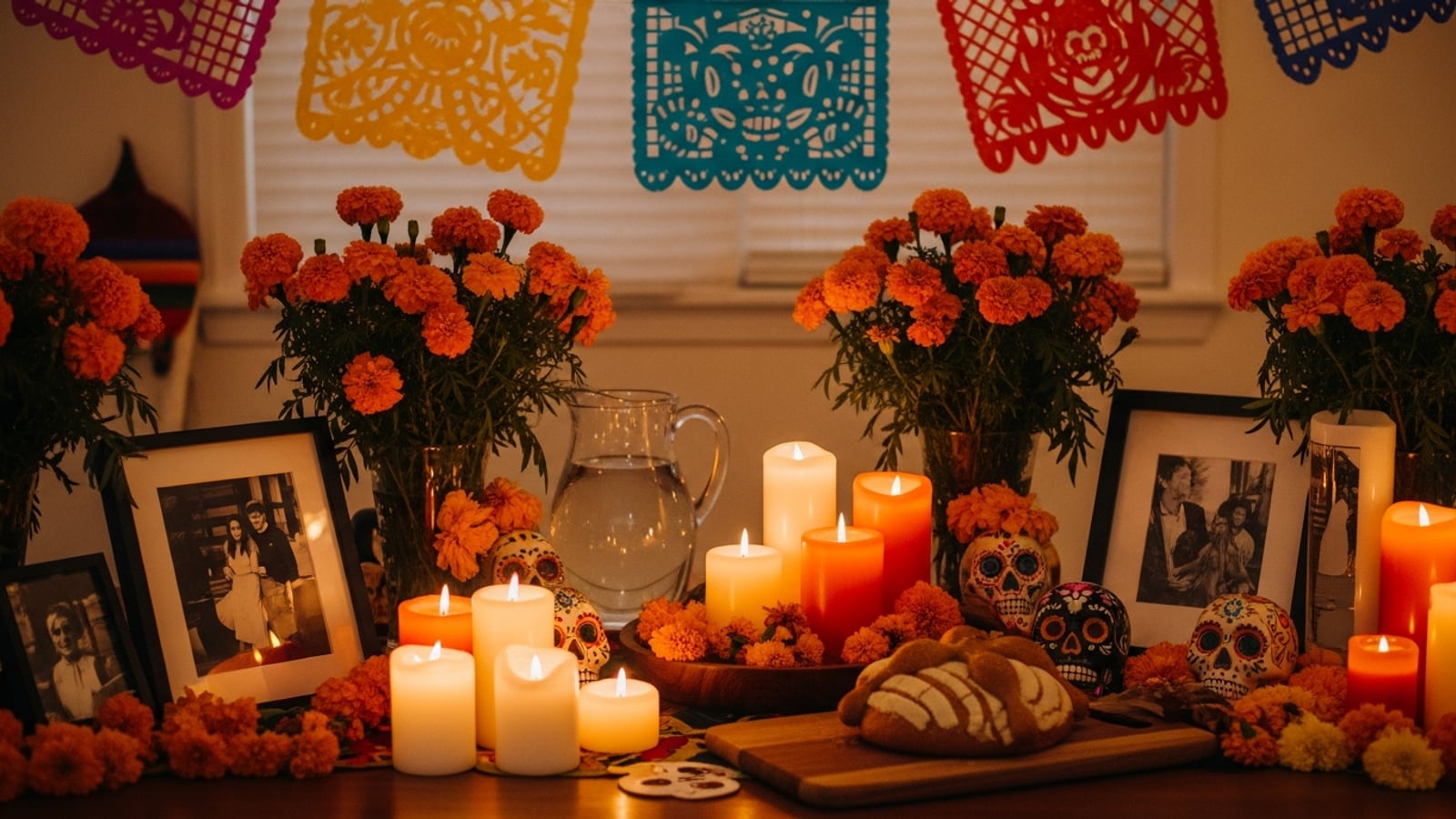 A Día de los Muertos celebration table with marigold arrangements, papel picado banners, clustered pillar candles, pan de muerto bread, and framed photographs in warm candlelight
