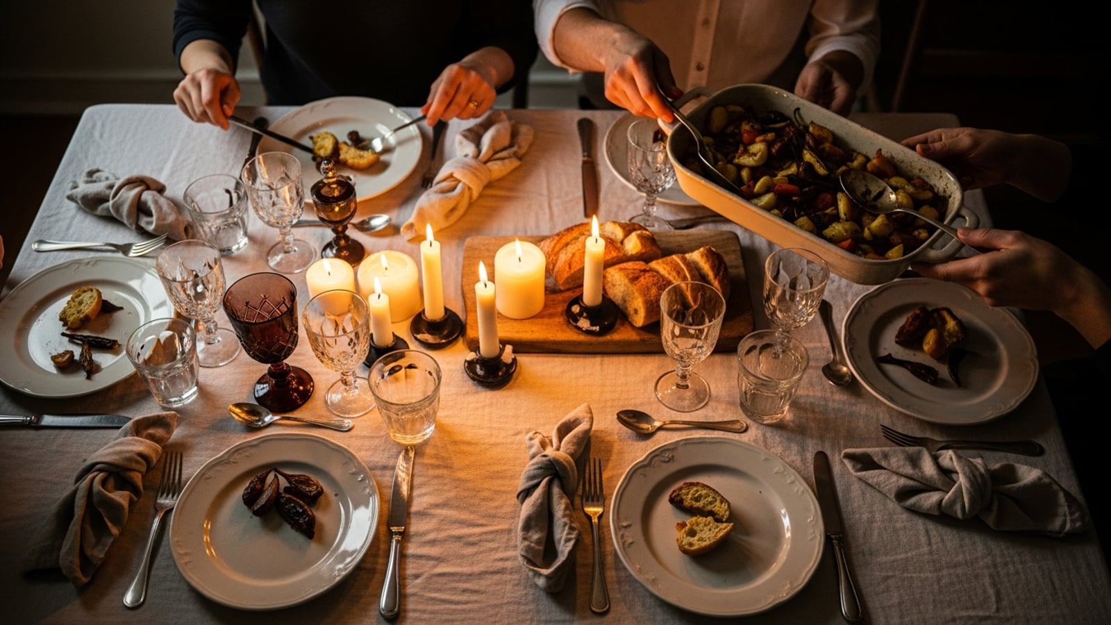 An intimate dinner table set for eight, with candles, linen, wine glasses, and hands passing a dish of roasted vegetables in warm candlelight