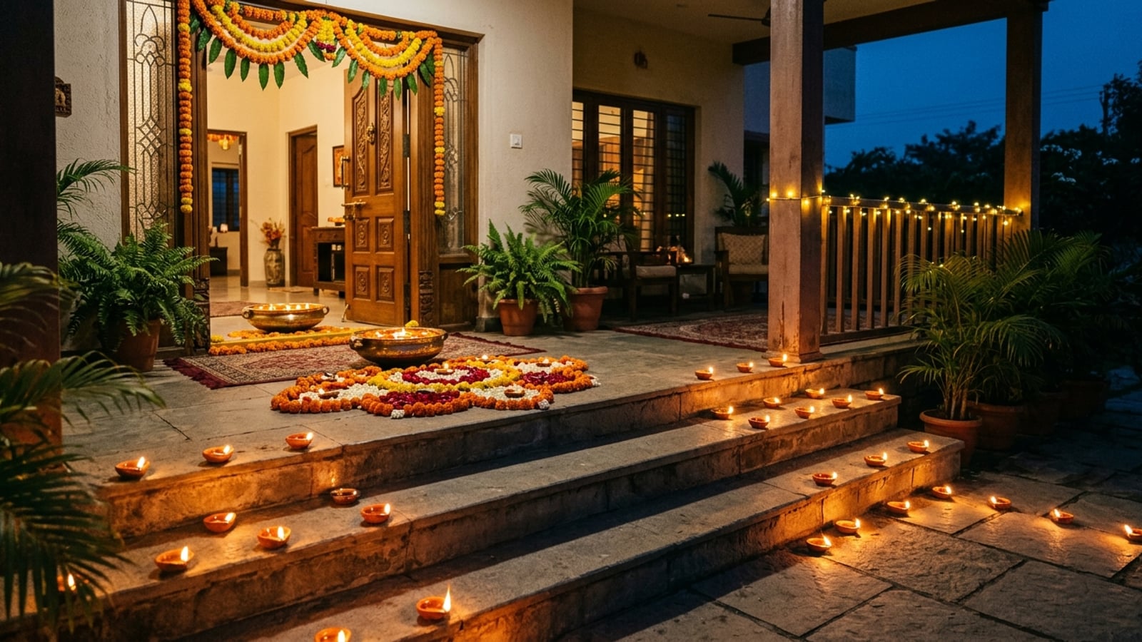 Rows of glowing clay diyas and a colorful rangoli at a home's front entrance at twilight