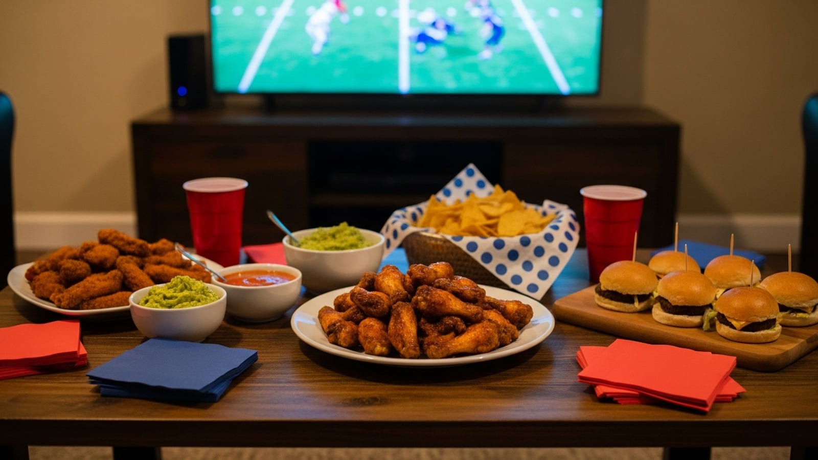 A game-day spread on a coffee table with chicken wings, chips, guacamole, and sliders, with a lit TV screen visible in the background
