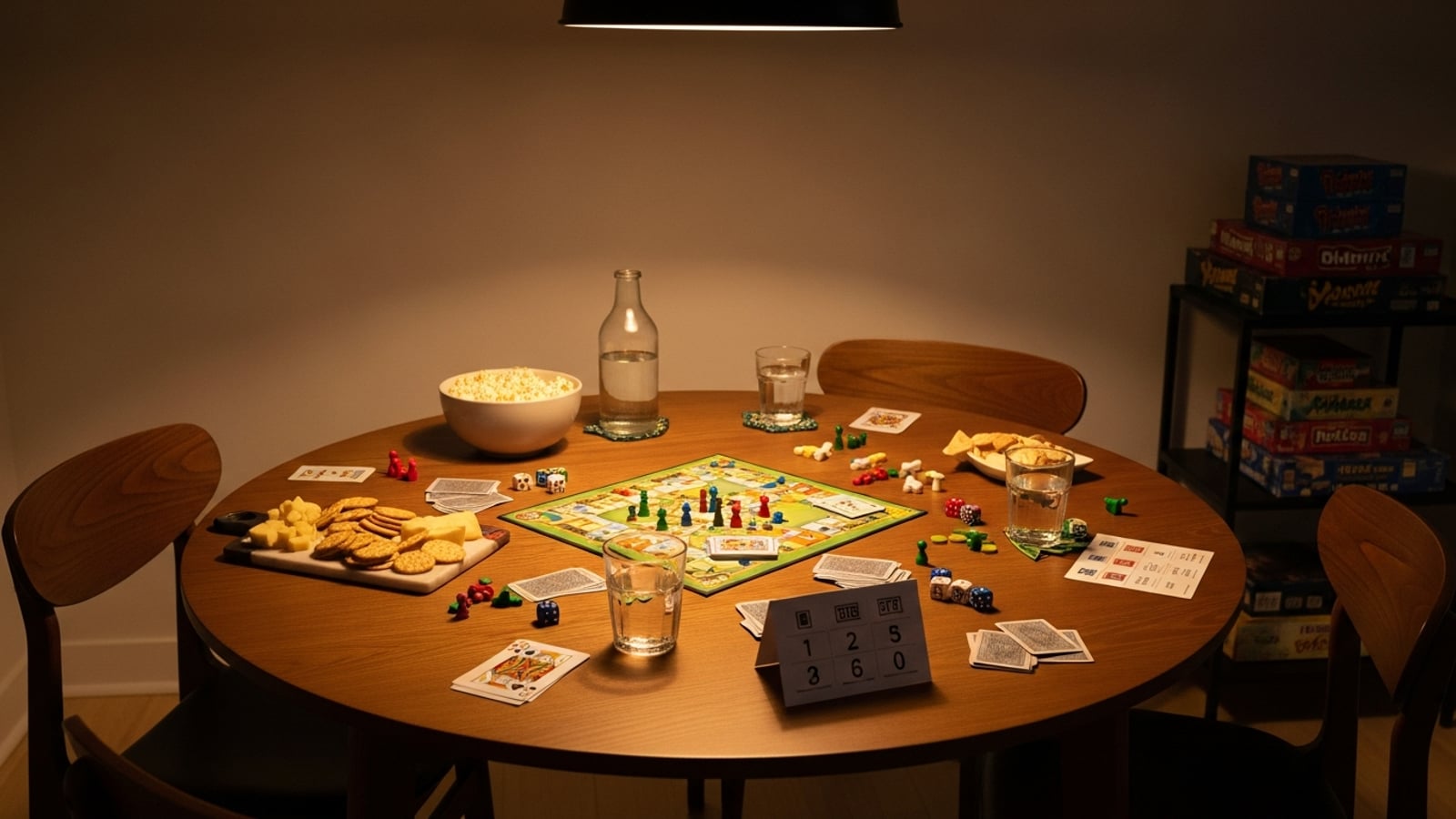 A round dining table set up for a game night with board game pieces, playing cards, a cheese board, and popcorn bowls under warm pendant lighting
