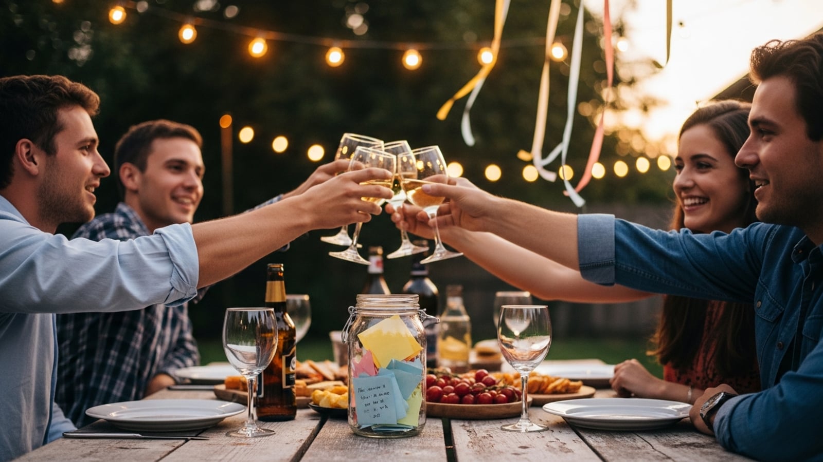 A backyard farewell party table at dusk with string lights, a memory jar filled with folded notes, wine glasses, and a casual food spread with friends gathered around