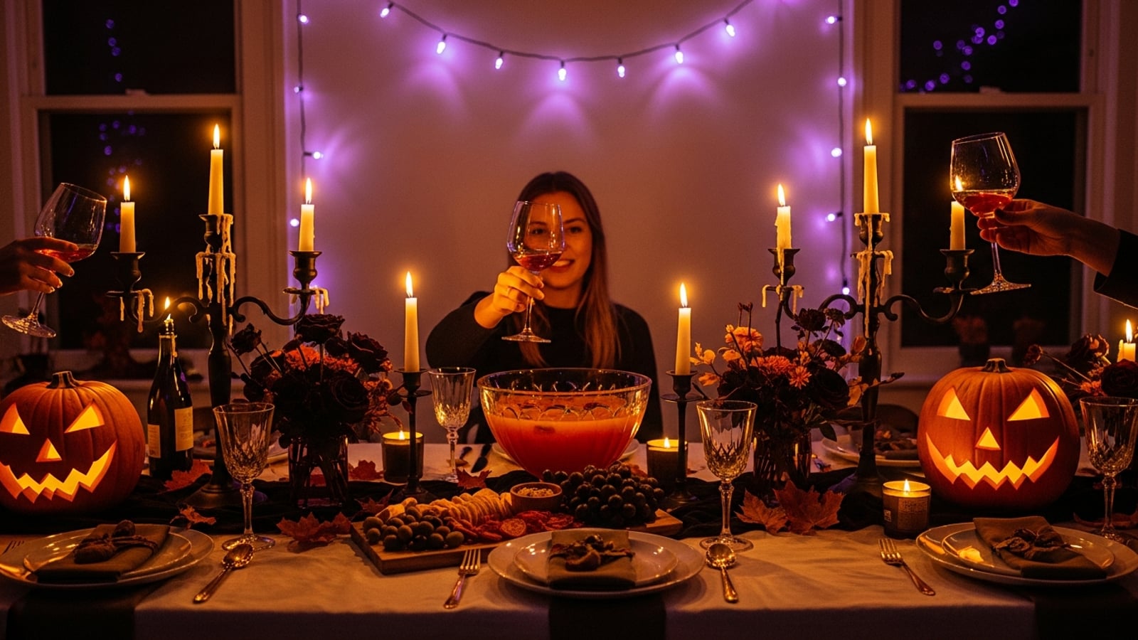 A Halloween party table set with black candelabras, glowing jack-o-lanterns, a punch bowl, and dark floral centerpieces in warm amber candlelight