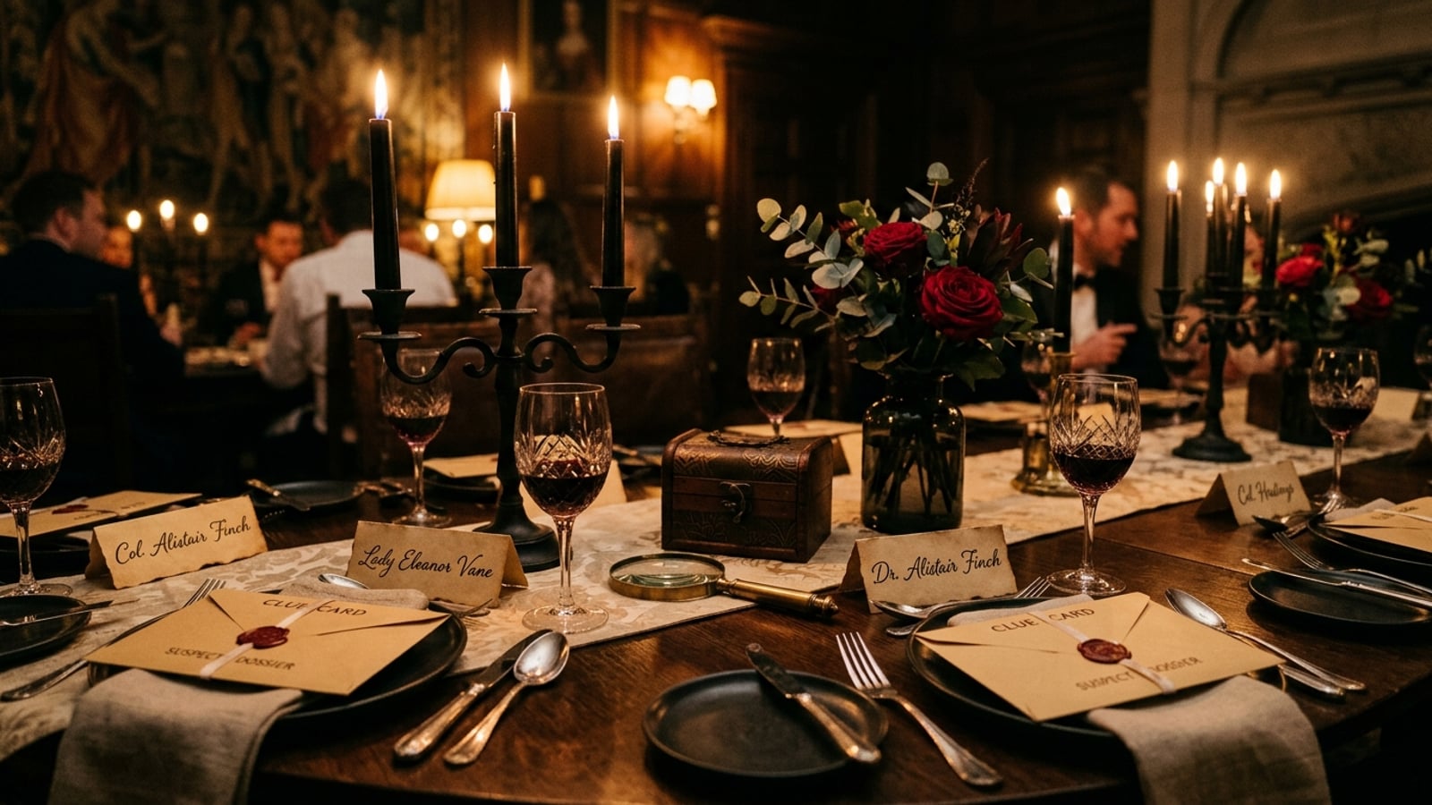 A candlelit dinner table set for a murder mystery party, with sealed clue envelopes at each place setting, crystal wine glasses, a magnifying glass, and dramatic shadows cast by a gothic candelabra