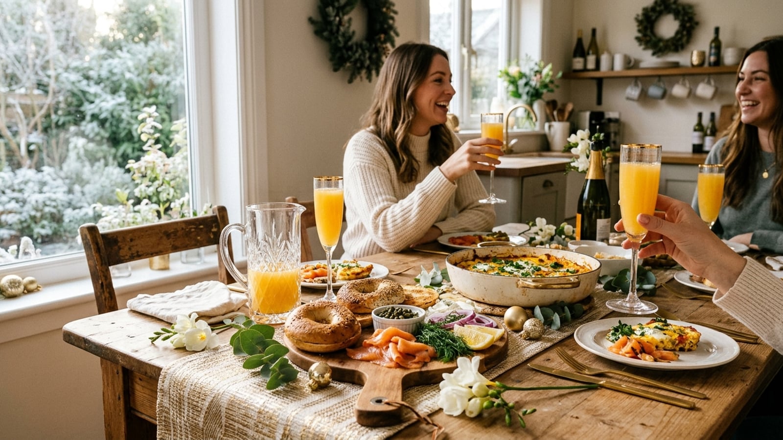A sunlit New Year's Day brunch table set with gold-rimmed glasses, champagne flutes filled with mimosas, a platter of bagels and smoked salmon, and scattered white flowers in soft morning light