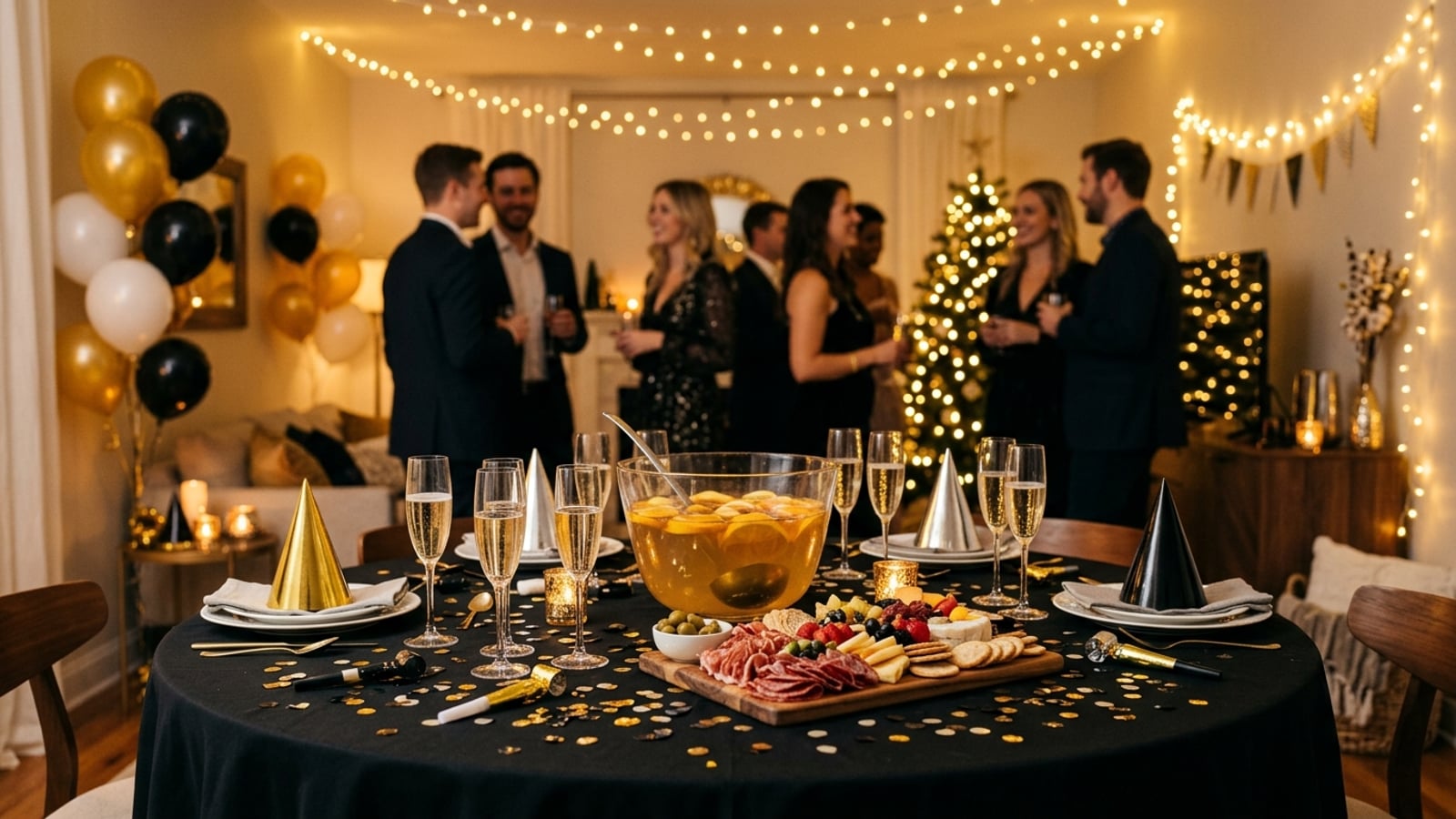 A festive New Year's Eve party table set with gold and black decorations, champagne flutes, and string lights in the background