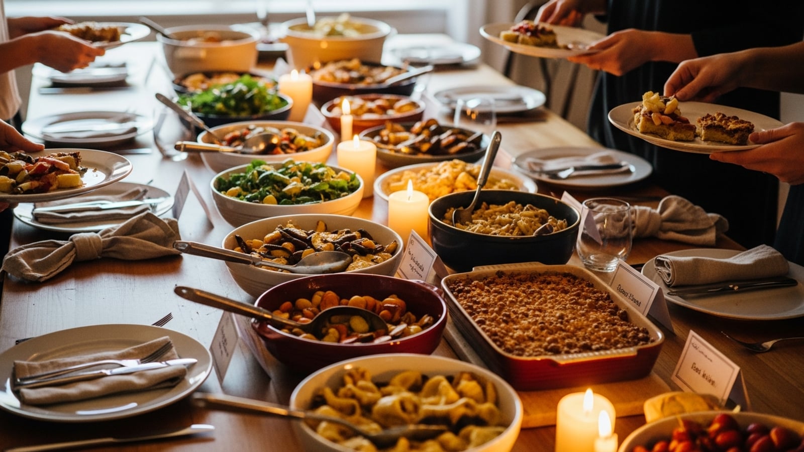 A candlelit potluck buffet table crowded with labeled shared dishes as guests serve themselves