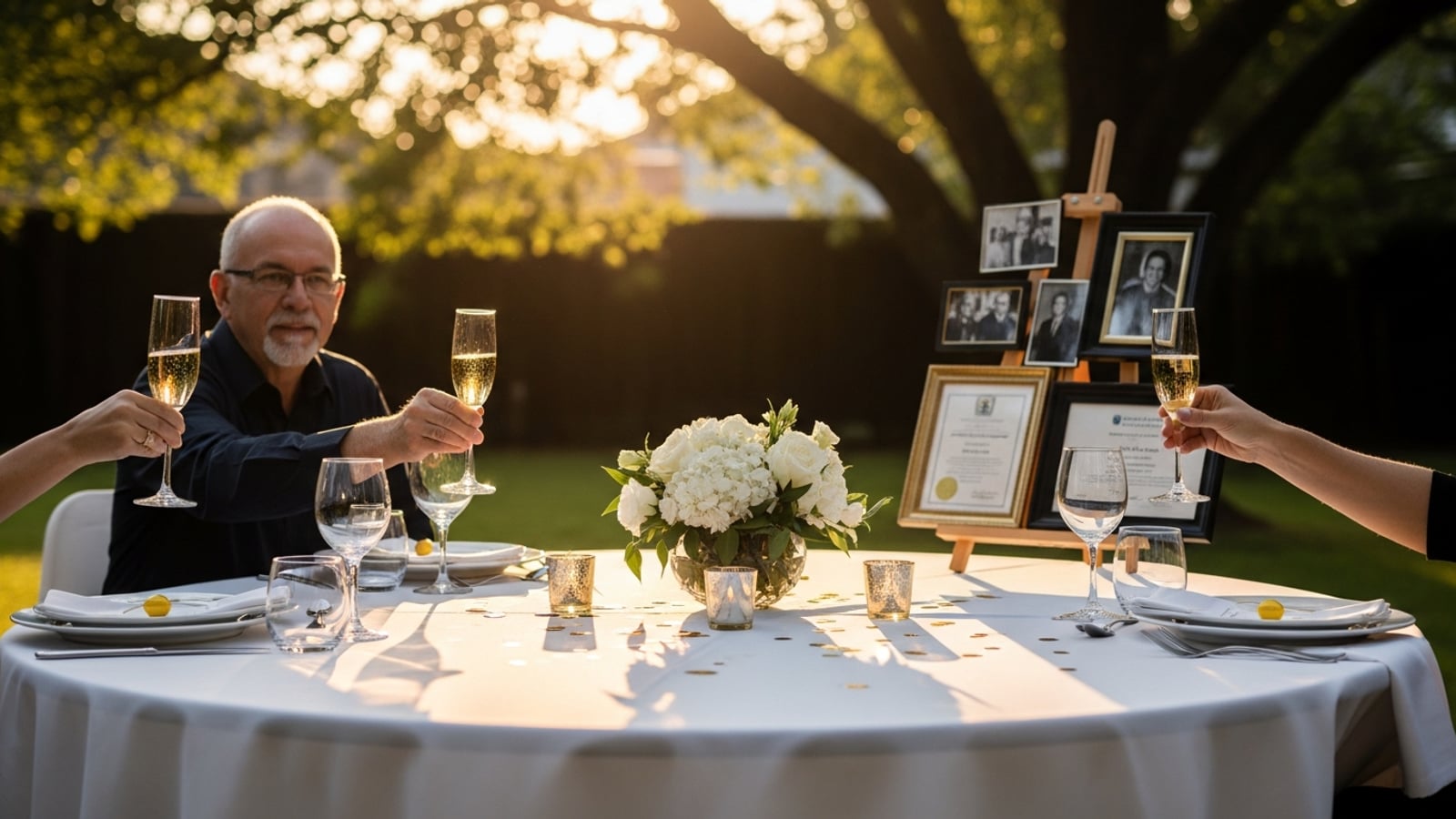 A backyard retirement celebration table at late afternoon with white linens, raised champagne flutes mid-toast, white floral centerpiece, and warm sunlight filtering through trees