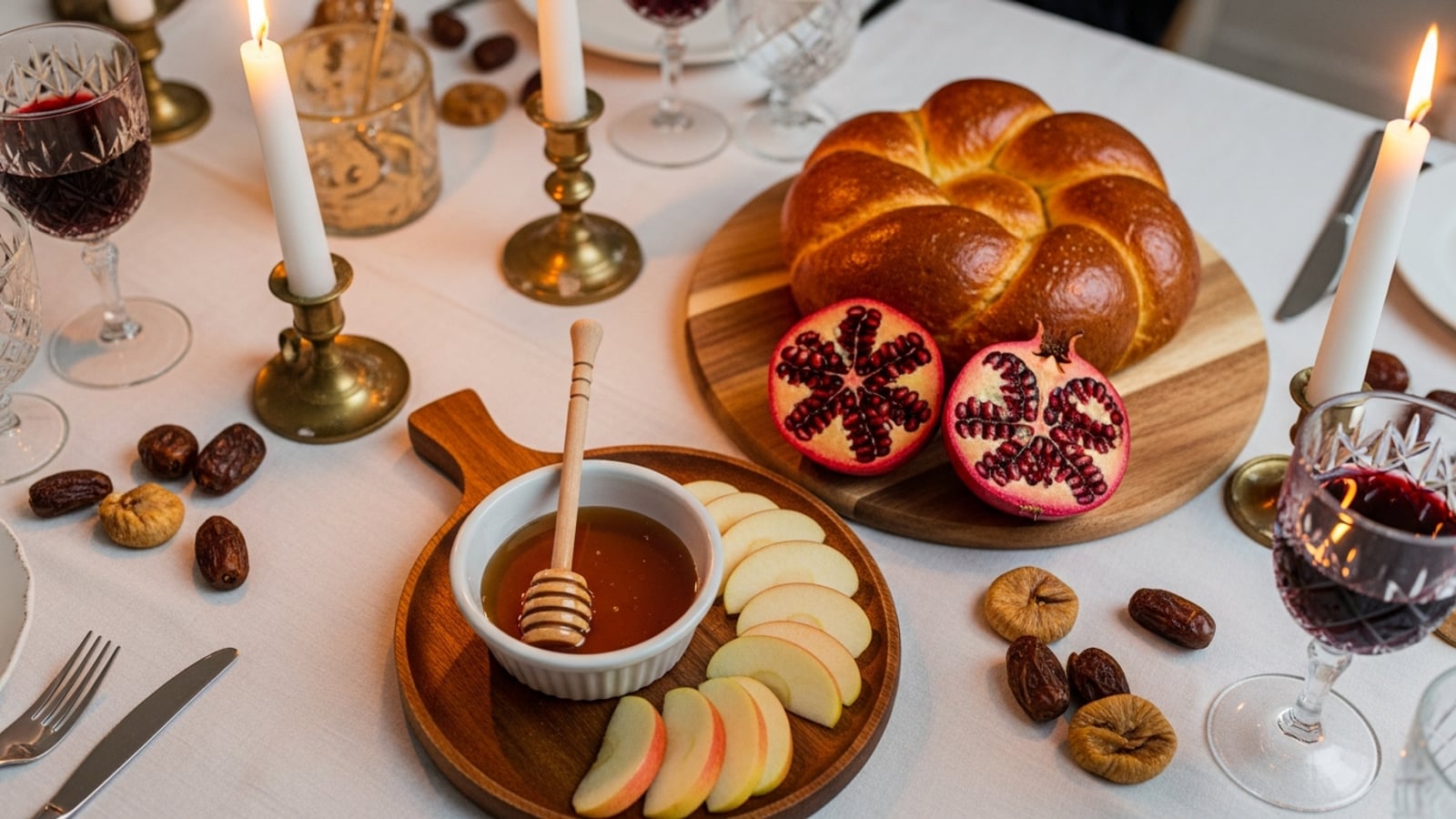 A Rosh Hashanah dinner table with round golden challah, honey and apple slices, open pomegranates, and lit candles in brass holders on a white linen tablecloth