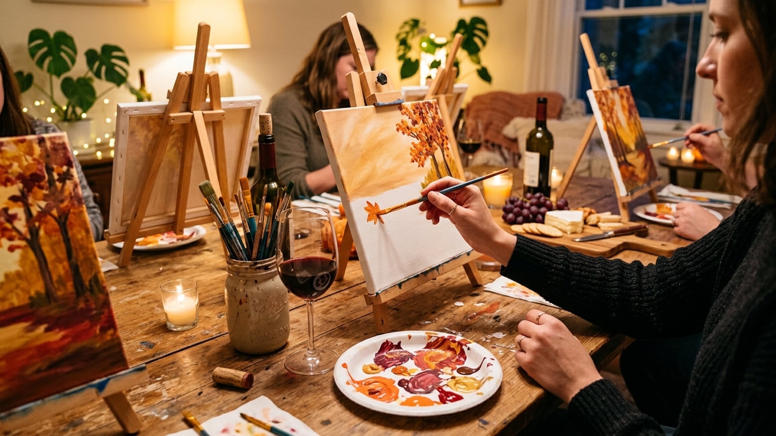 A cozy indoor sip and paint party setup with canvases on tabletop easels, wine glasses, paint brushes in mason jars, and warm lamplight casting a golden glow over autumn-toned art supplies