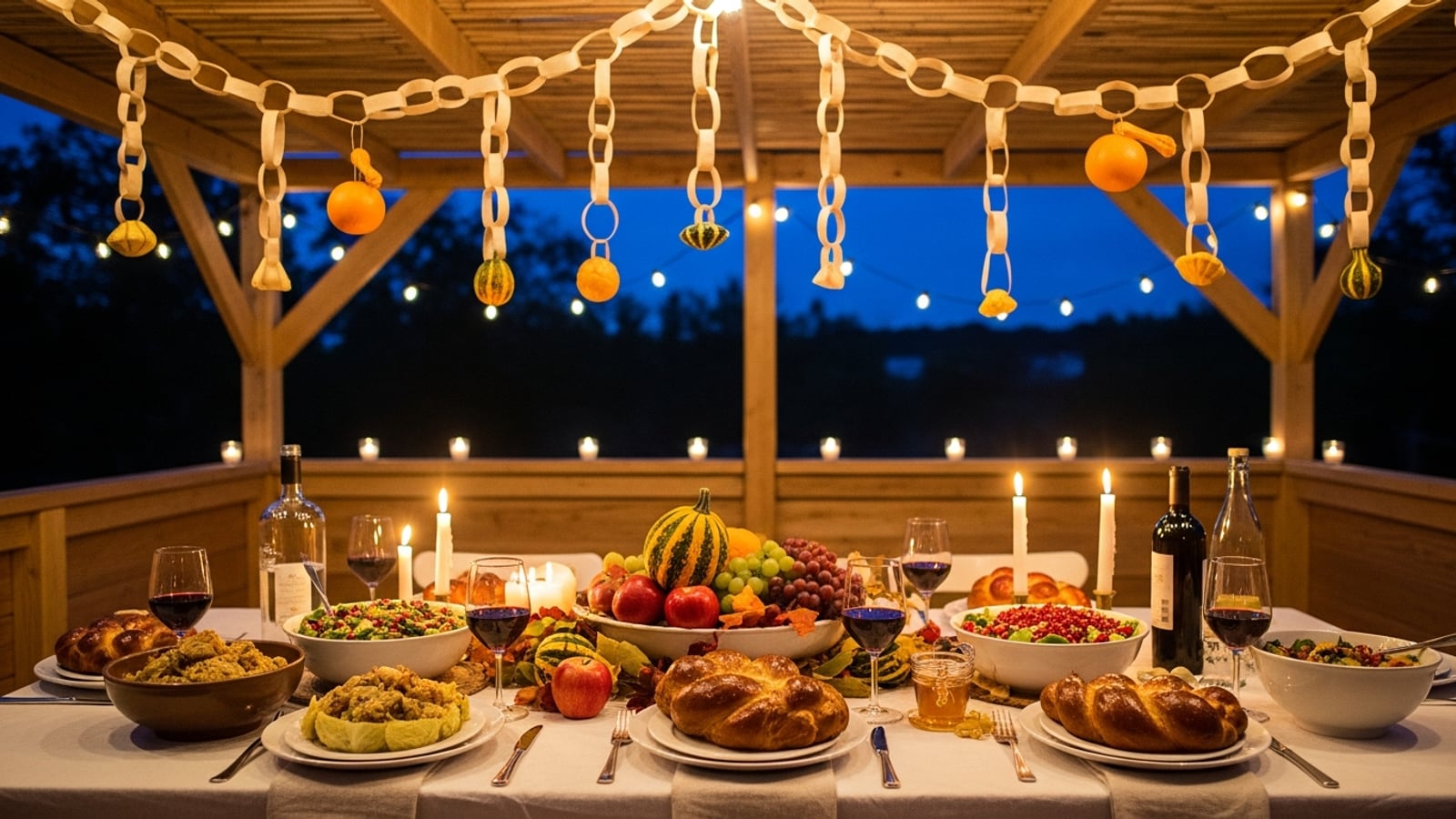 A festive Sukkot dinner table set inside a decorated sukkah at dusk, with hanging gourds and paper chains overhead, challah loaves, wine glasses, and autumn harvest dishes