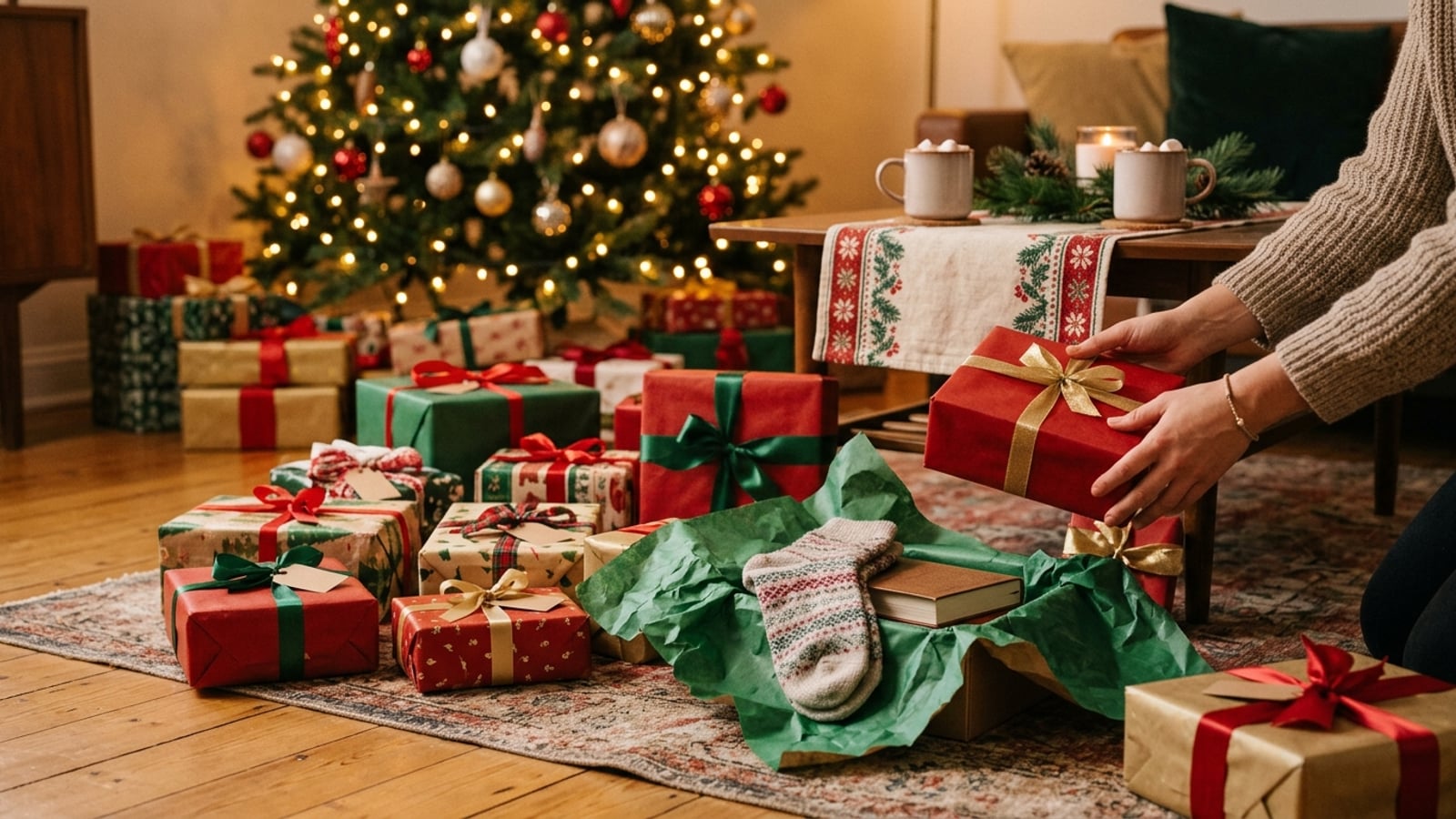 A colorful pile of wrapped holiday gifts in assorted sizes on a living room table, with festive ribbons and bows and a decorated Christmas tree glowing softly in the background