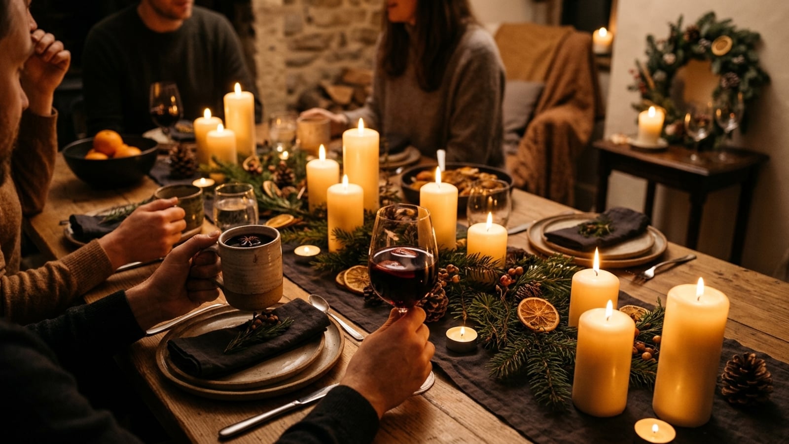 Candlelit table set for a winter solstice gathering with mulled wine, evergreen branches, and glowing pillar candles in warm, intimate light