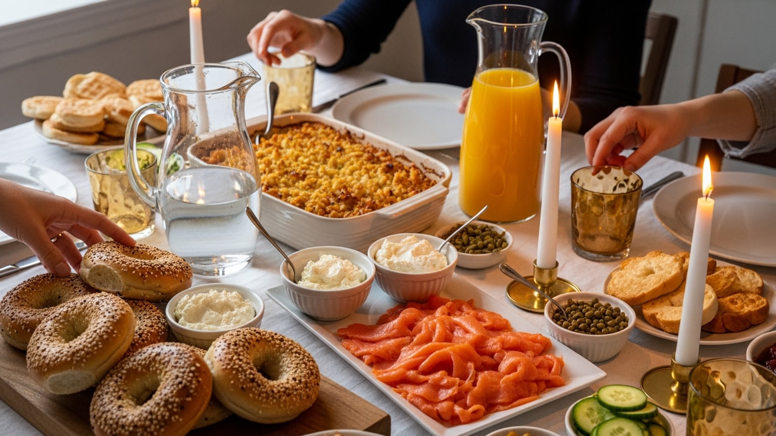 A home Yom Kippur break-fast spread with sesame bagels, smoked salmon, cream cheese, sweet noodle kugel, and water pitchers on a candlelit dining table