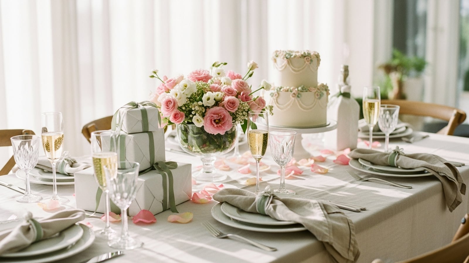 An elegantly set baby shower brunch table with pastel floral centerpiece, tiered cake, stacked gifts wrapped in white and sage ribbon, and champagne flutes with sparkling punch