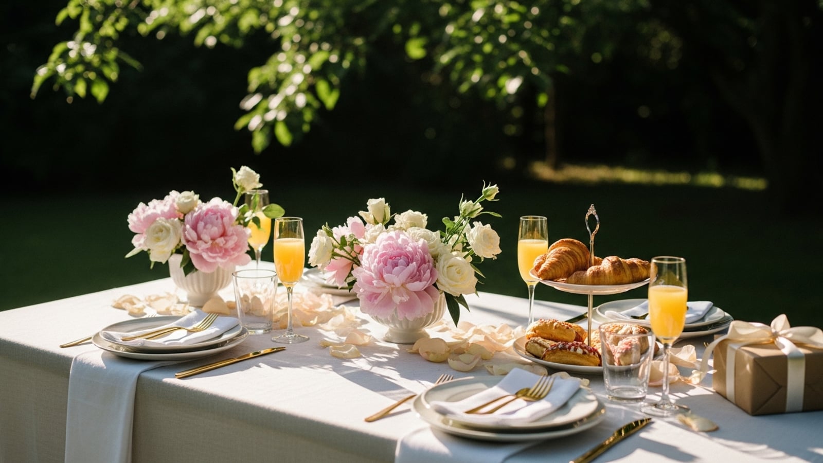 An elegant outdoor bridal shower brunch table set with white linens, peony centerpieces, champagne flutes, and a tiered pastry stand in dappled morning sunlight