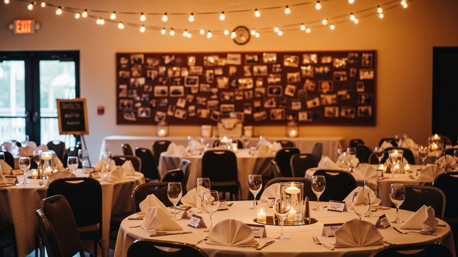 A round banquet table set for a class reunion dinner, with name badges, a memory photo display, and glowing string lights overhead