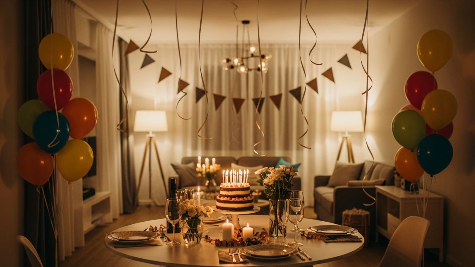A festively decorated living room set up for a surprise party, with colorful balloons, a birthday cake on a table, string lights, and streamers, all ready before guests arrive