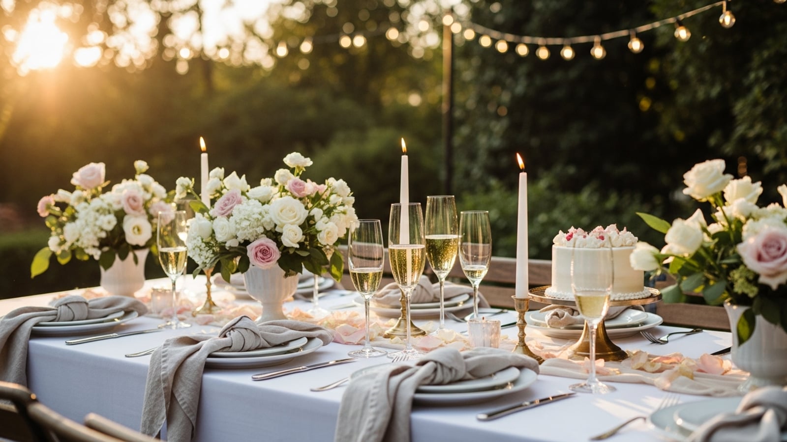 A beautifully set outdoor engagement party table with champagne flutes, flowers, and string lights at dusk