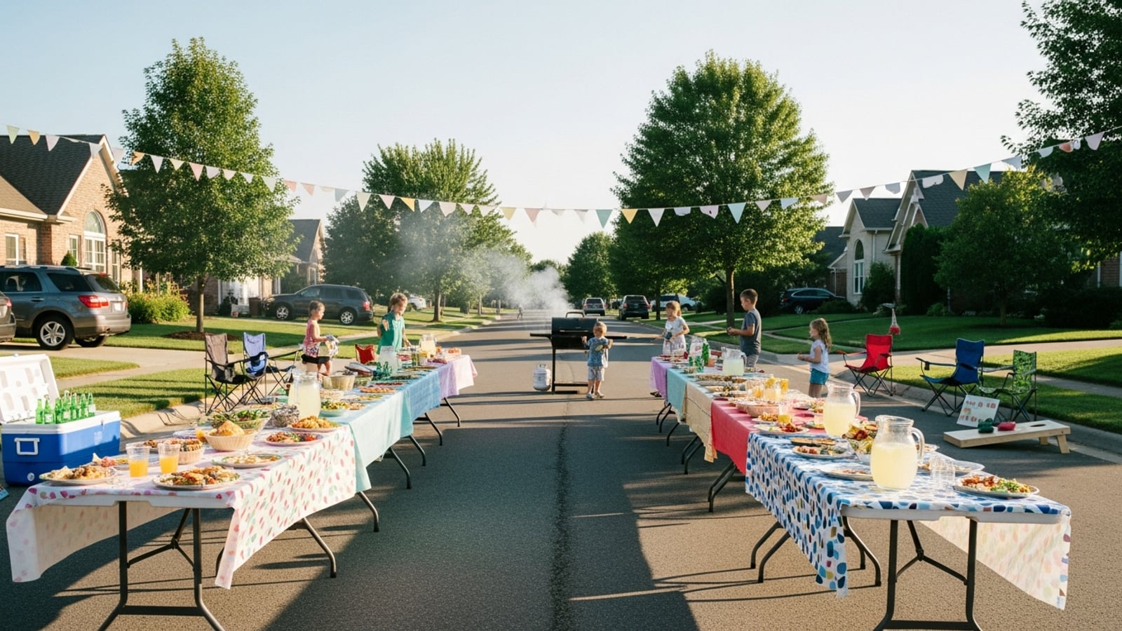 A sunny residential street closed to traffic with long folding tables covered in food, neighbors standing and chatting, children playing in the background, and colorful banners strung between the houses