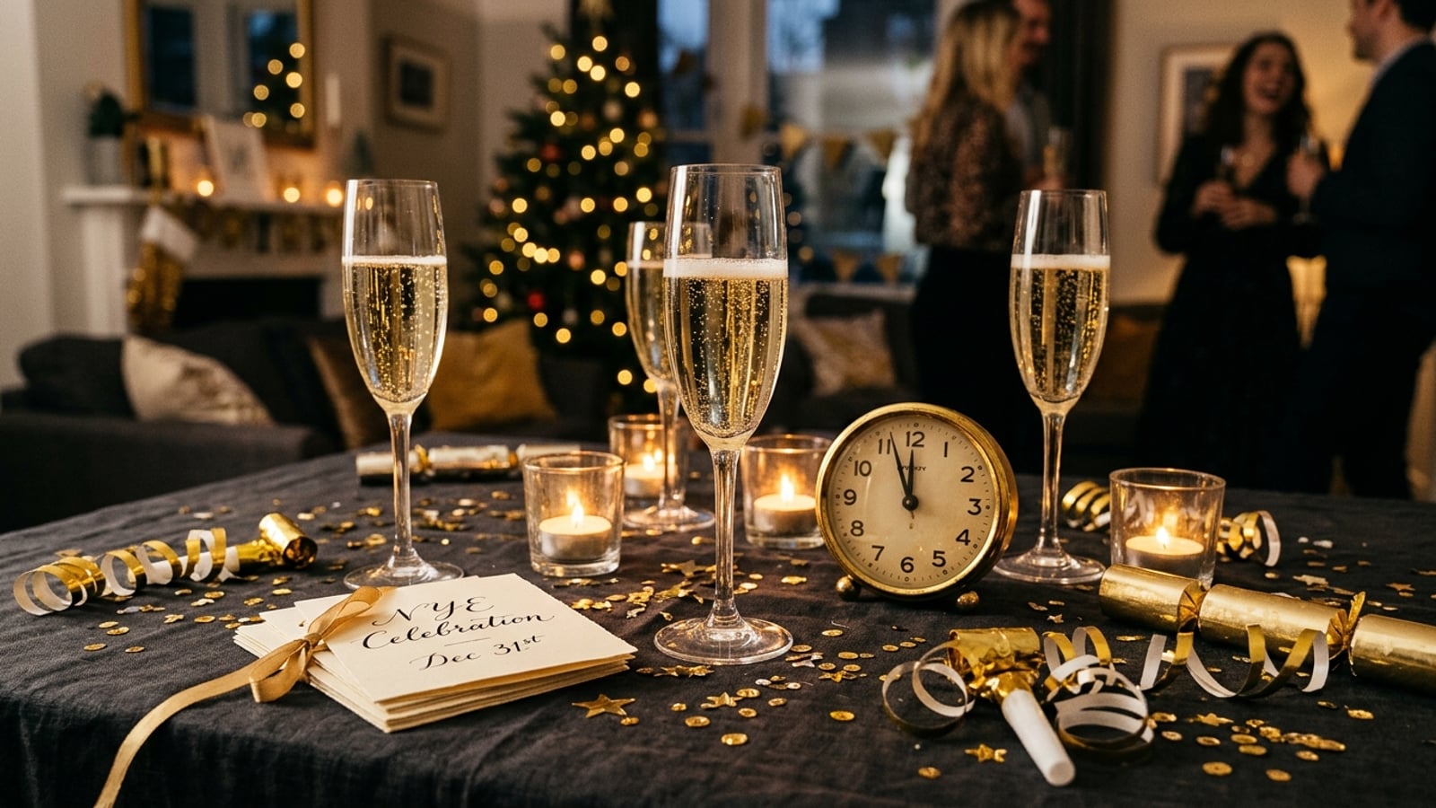A New Year's Eve party table set with champagne flutes, gold confetti, and midnight-blue napkins
